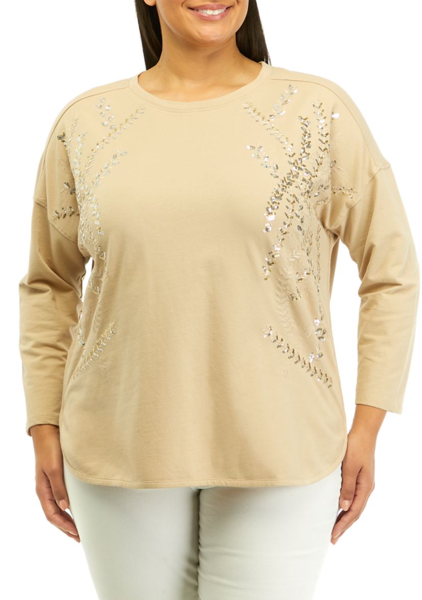 Plus Size Long Sleeve Embellished Smile Hem Knit Pullover Top