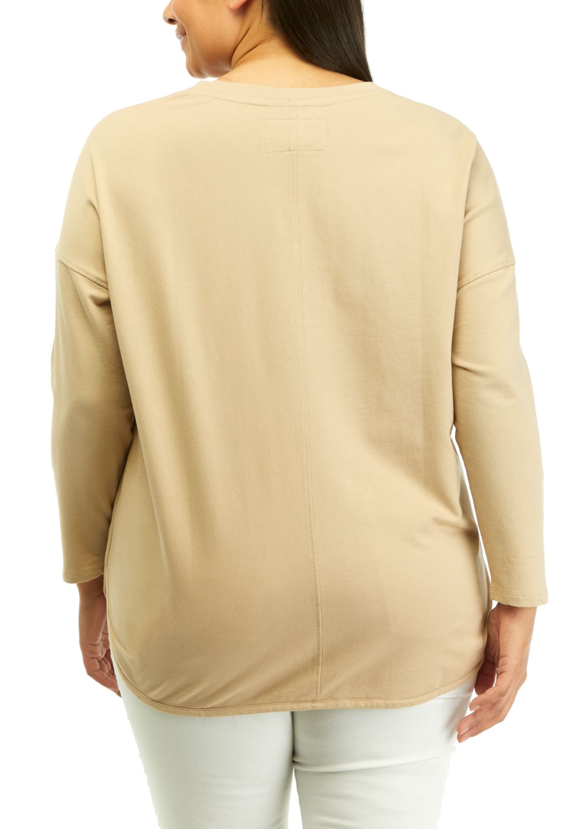 Plus Size Long Sleeve Embellished Smile Hem Knit Pullover Top