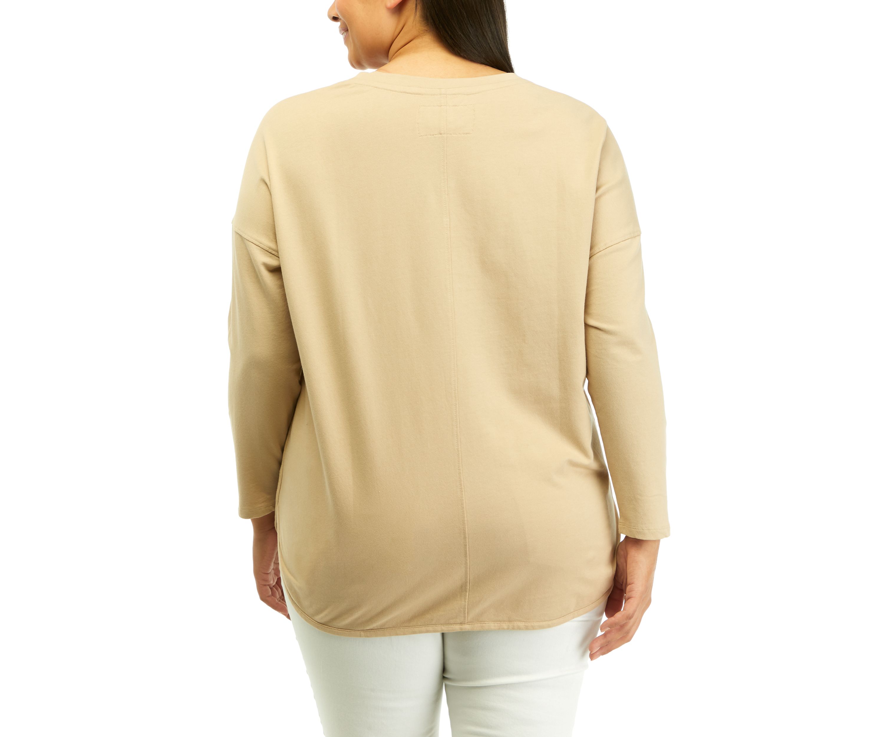 Plus Size Long Sleeve Embellished Smile Hem Knit Pullover Top