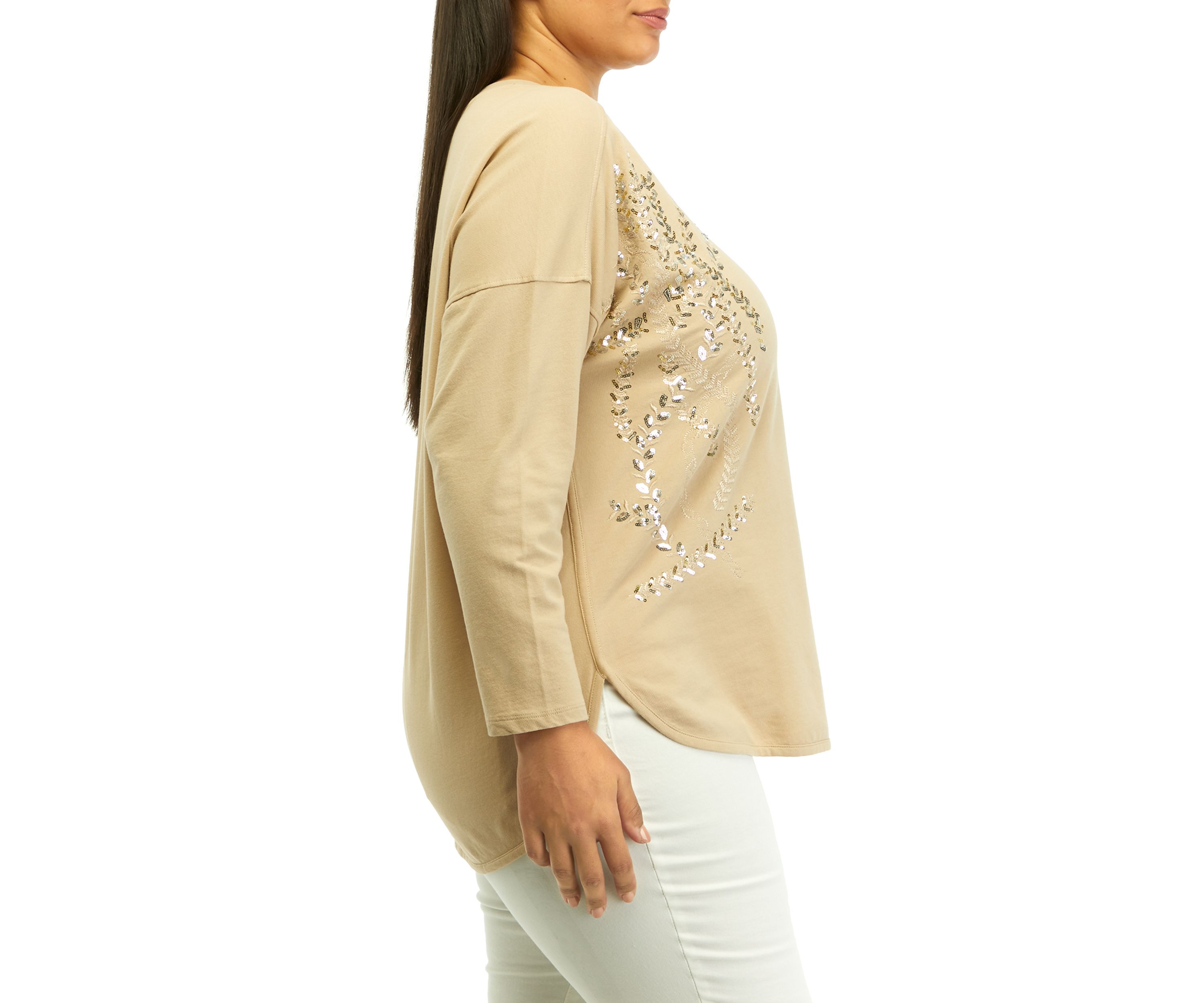 Plus Size Long Sleeve Embellished Smile Hem Knit Pullover Top