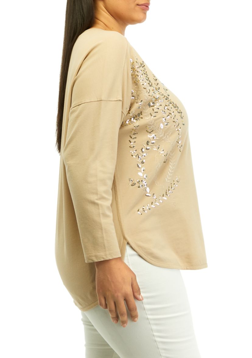 Plus Size Long Sleeve Embellished Smile Hem Knit Pullover Top