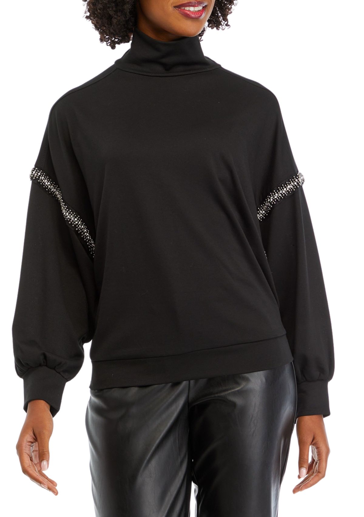 Womens Beaded Mock Neck Sweatshirt