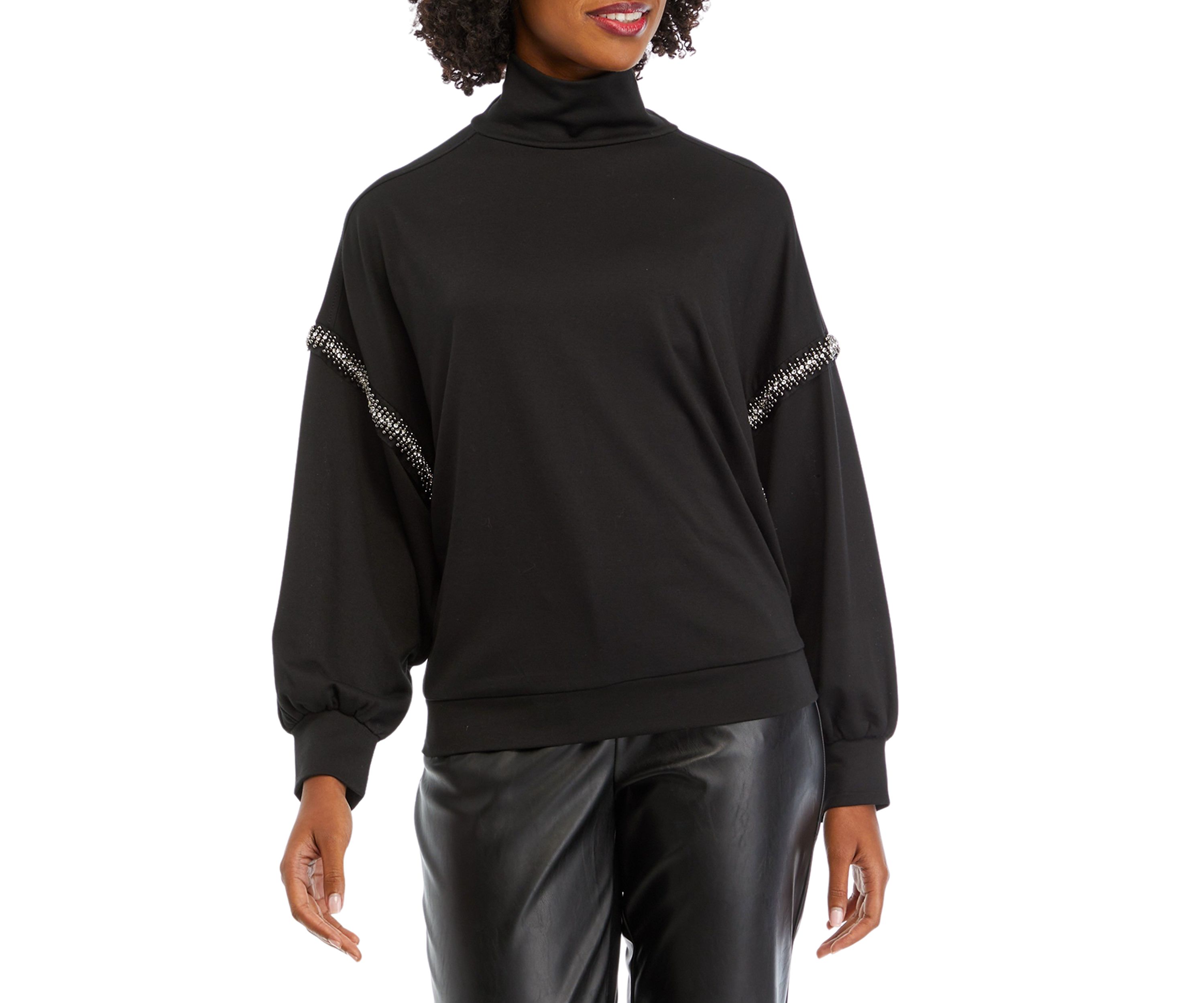 Womens Beaded Mock Neck Sweatshirt