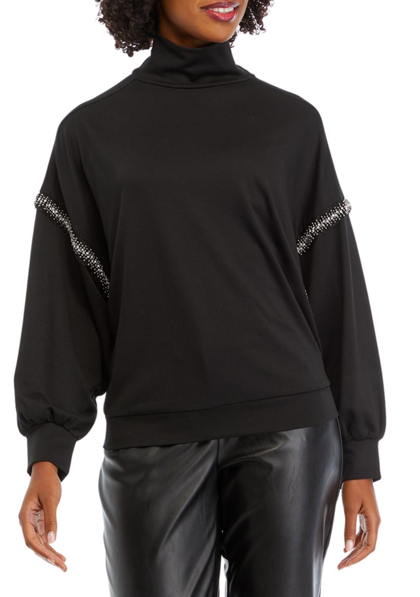 Womens Beaded Mock Neck Sweatshirt