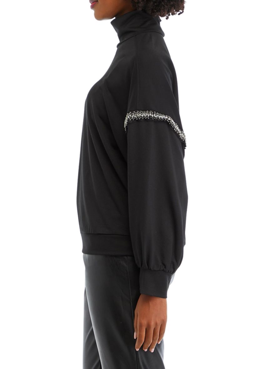 Womens Beaded Mock Neck Sweatshirt
