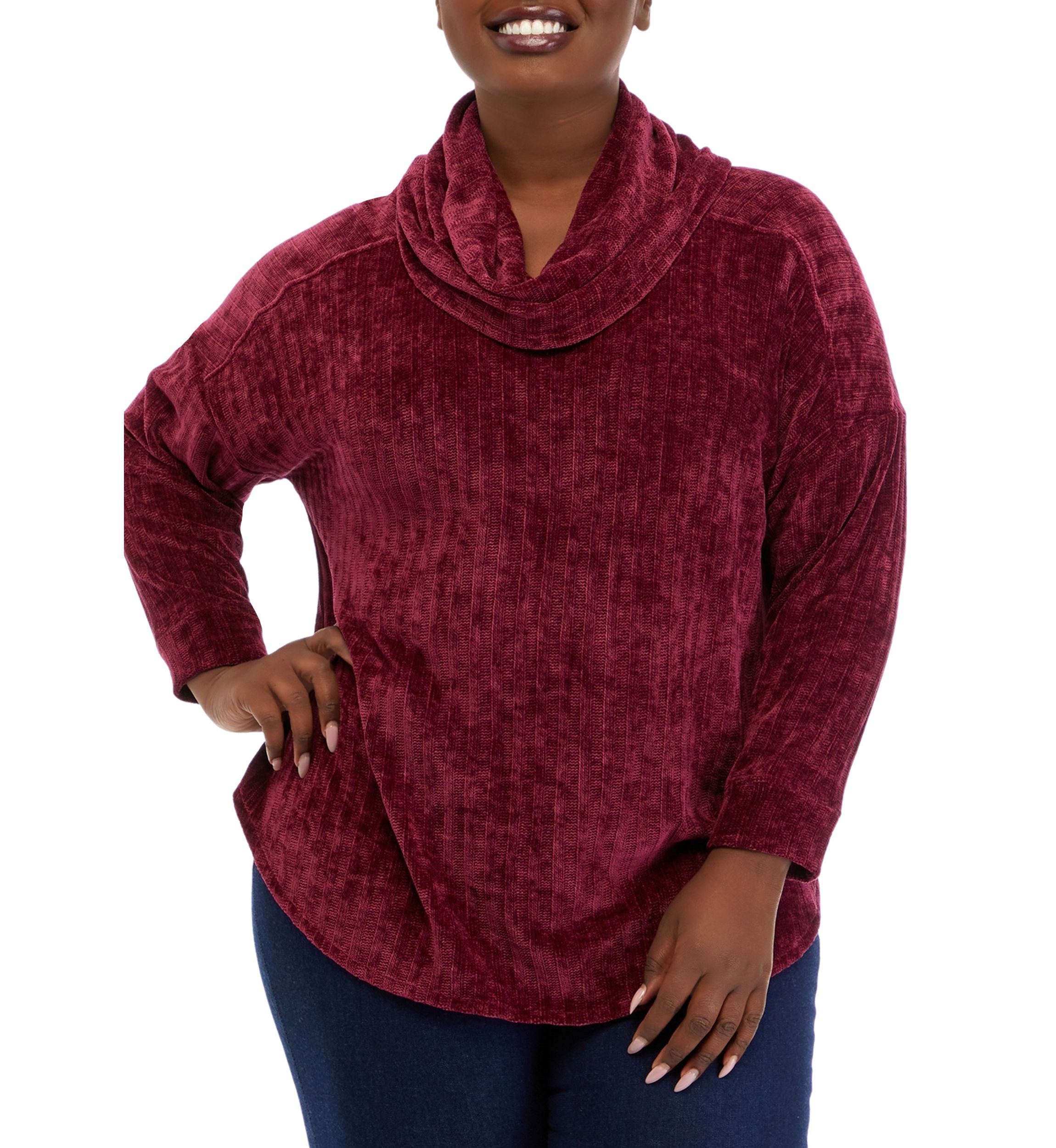 Plus Size Chenille Ribbed Cowl Neck Sweater 