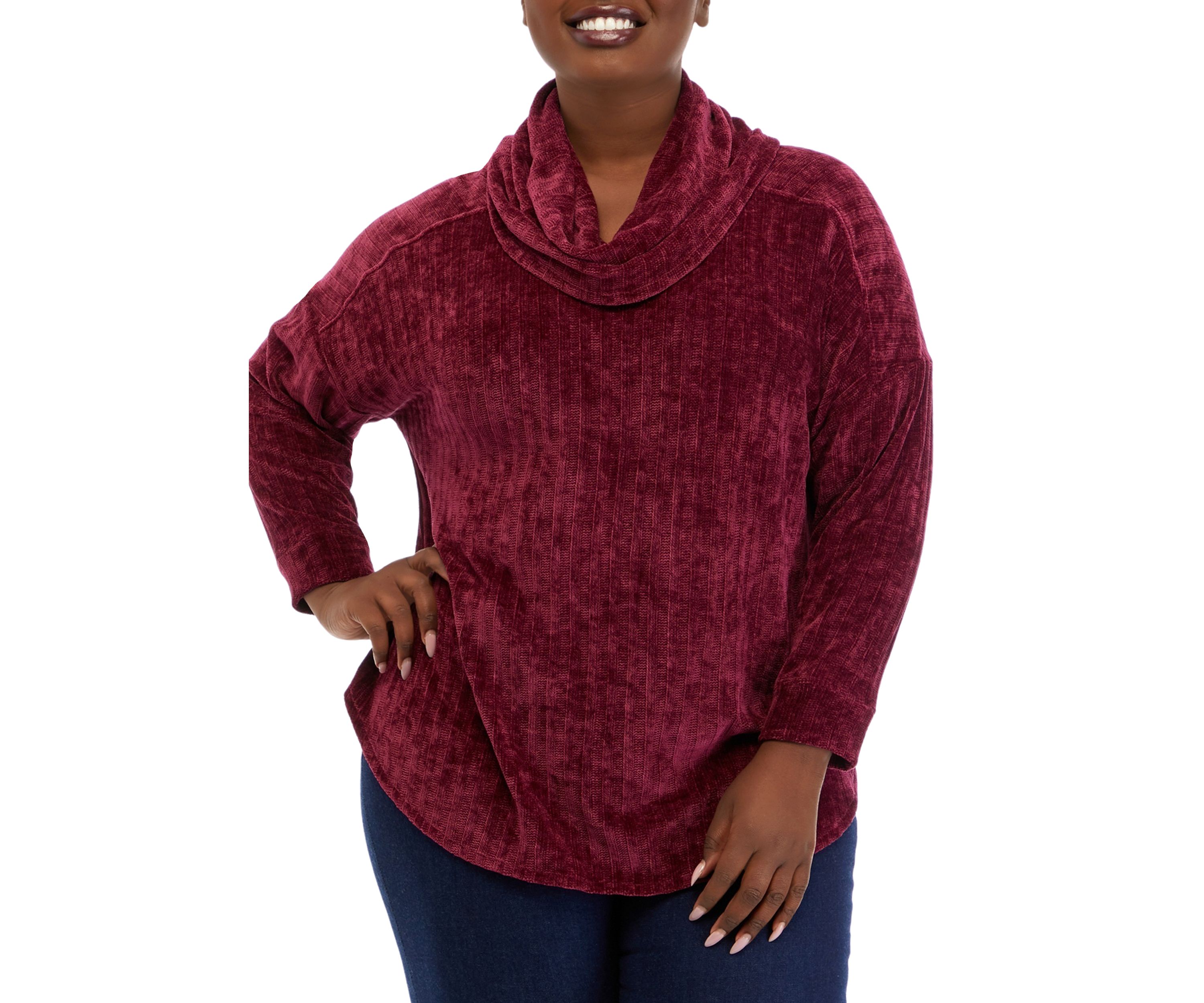 Plus Size Chenille Ribbed Cowl Neck Sweater 