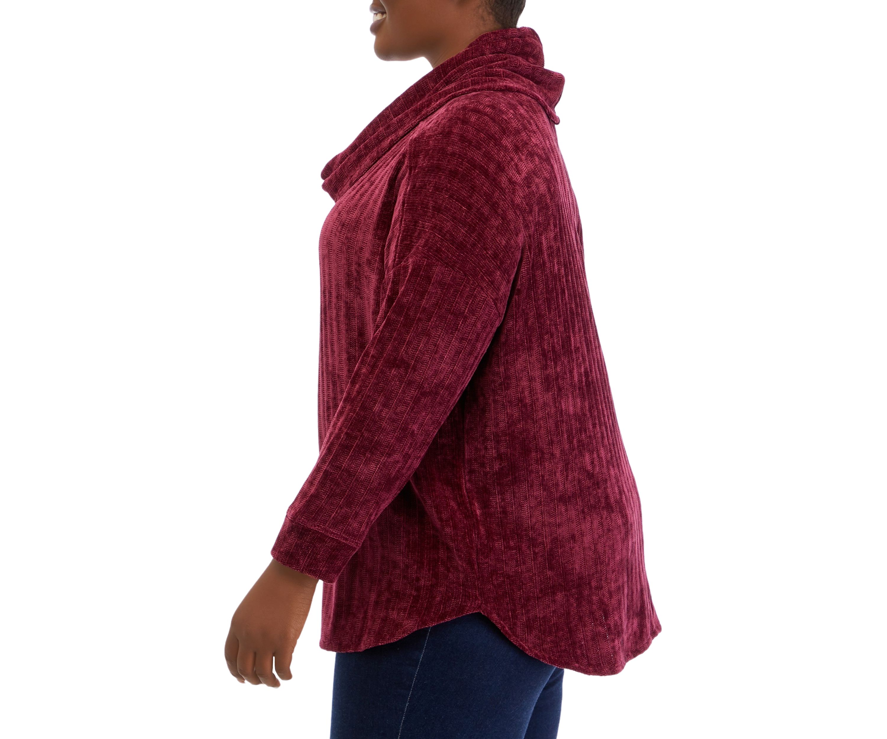 Plus Size Chenille Ribbed Cowl Neck Sweater 