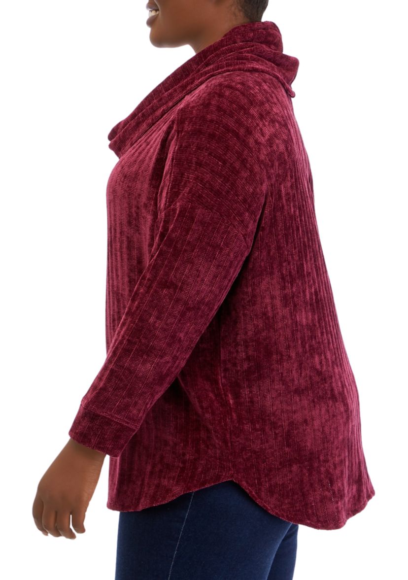 Plus Size Chenille Ribbed Cowl Neck Sweater 