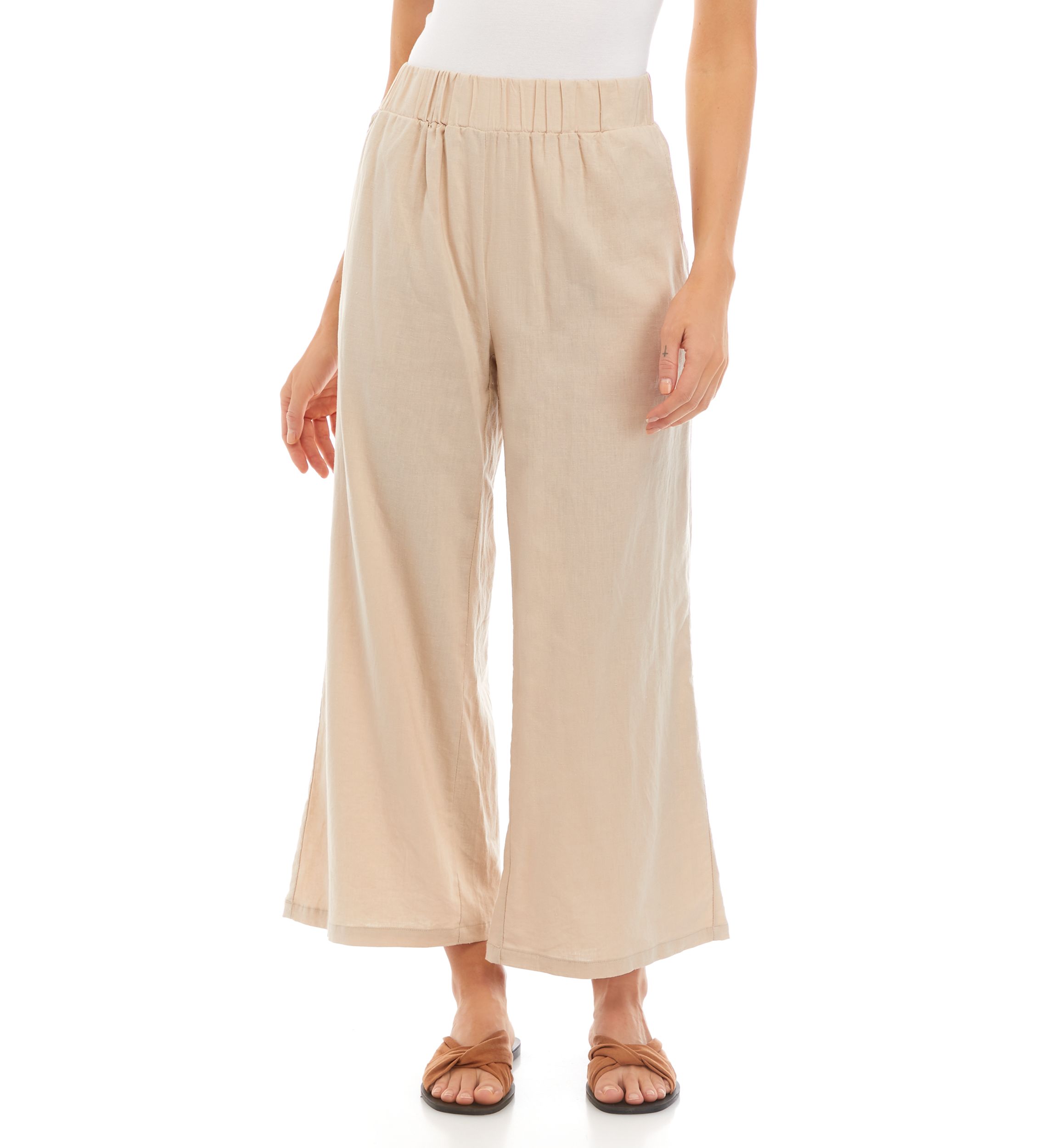 Womens Linen Pull On Wide Leg Pants