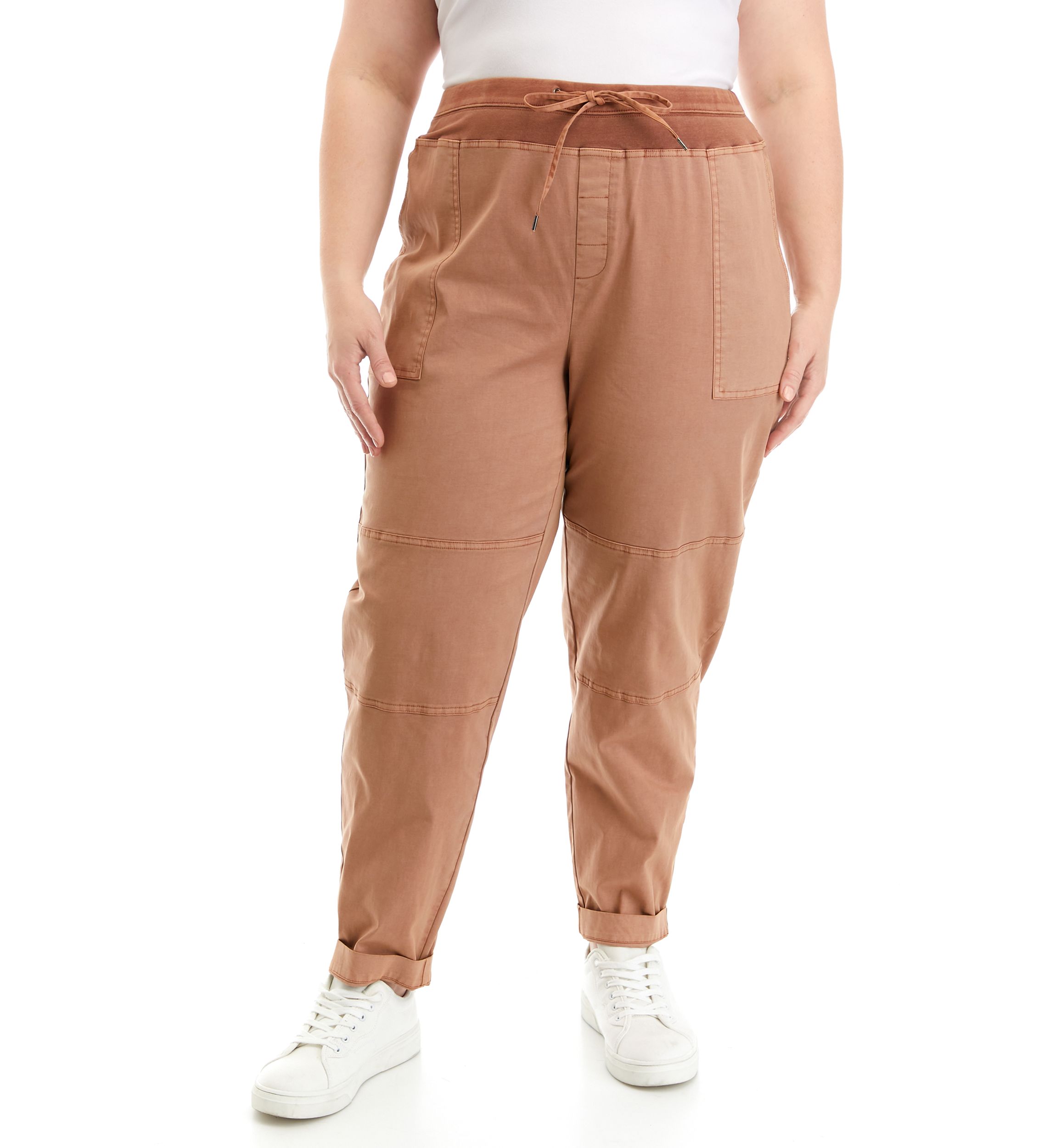 Plus Size Cuffed Pants with Contrast Waistband