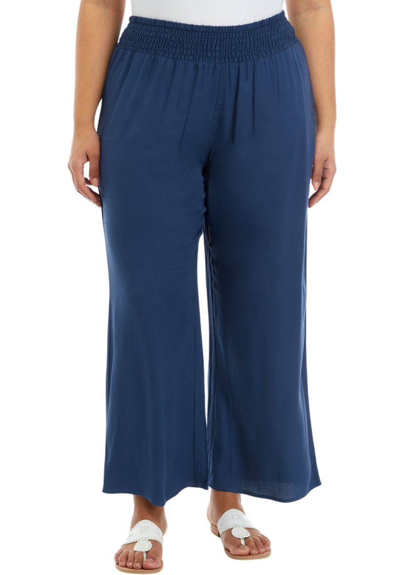 Plus Size Solid Smocked Band Pull On Woven Trouser Pants