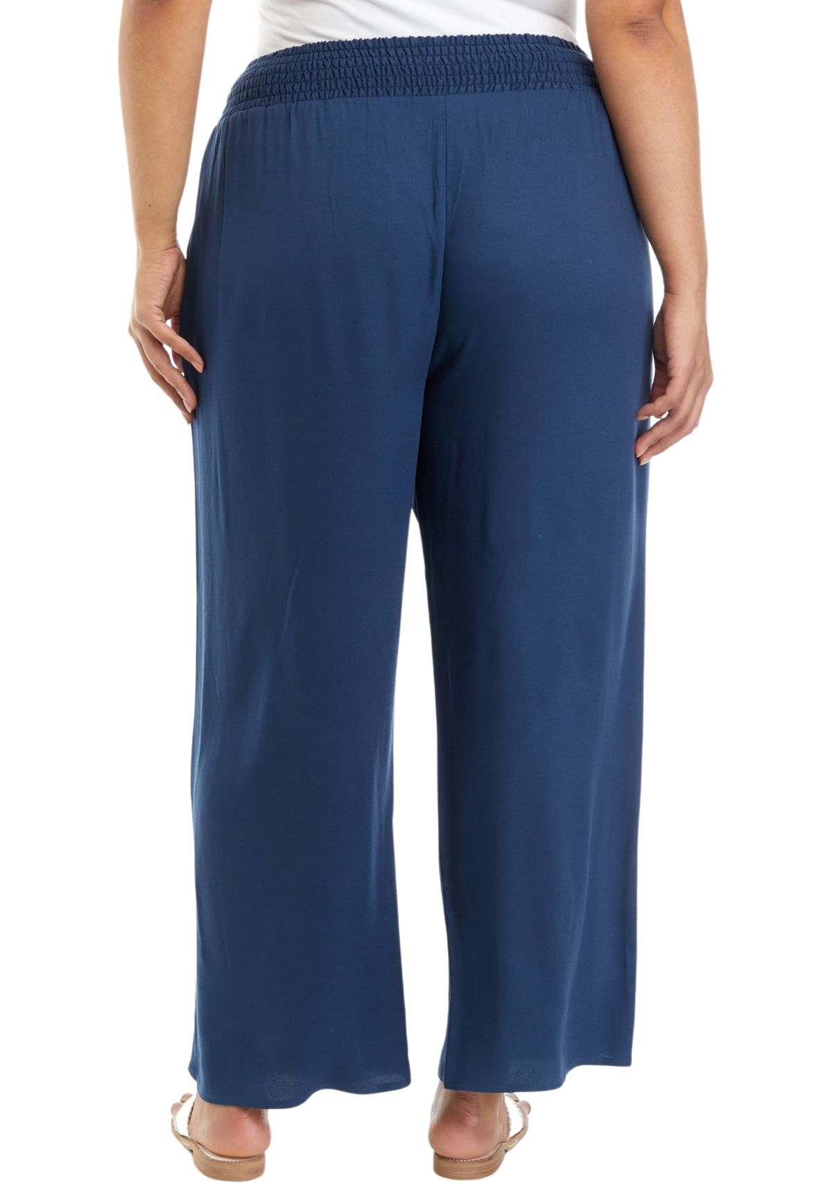 Plus Size Solid Smocked Band Pull On Woven Trouser Pants