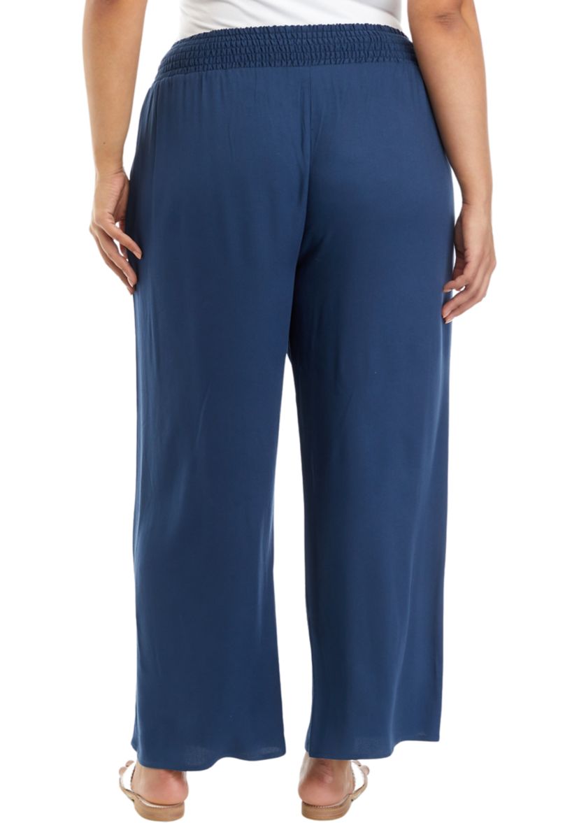 Plus Size Solid Smocked Band Pull On Woven Trouser Pants