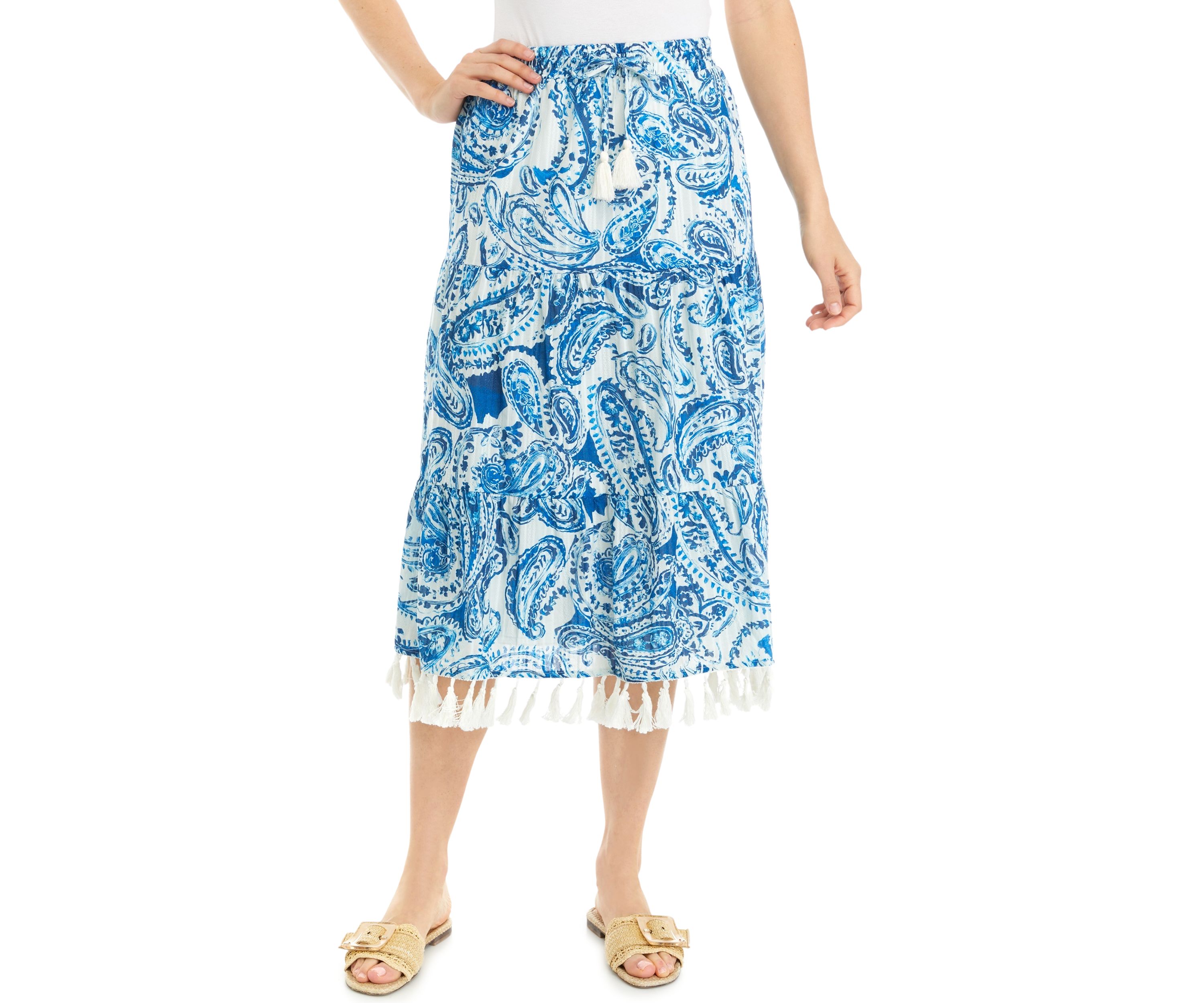 Womens Tiered Midi Skirt with Tassels