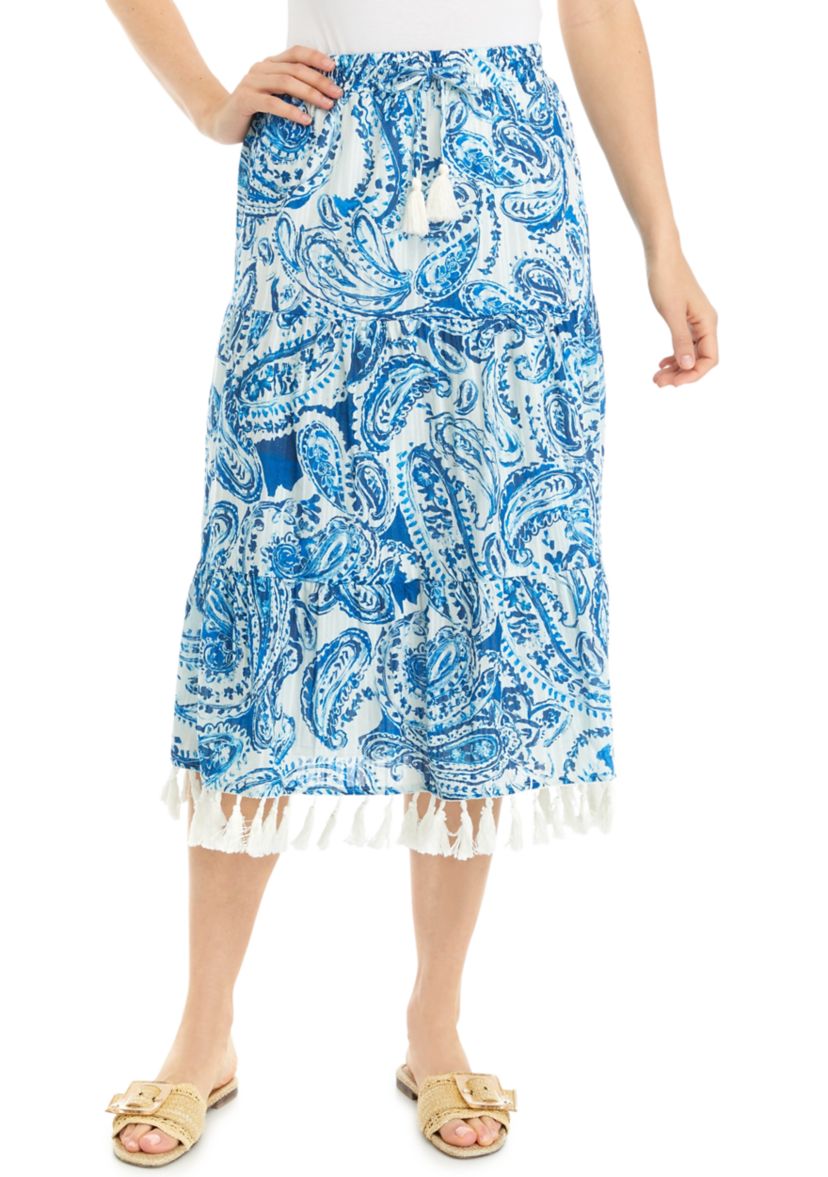 Womens Tiered Midi Skirt with Tassels