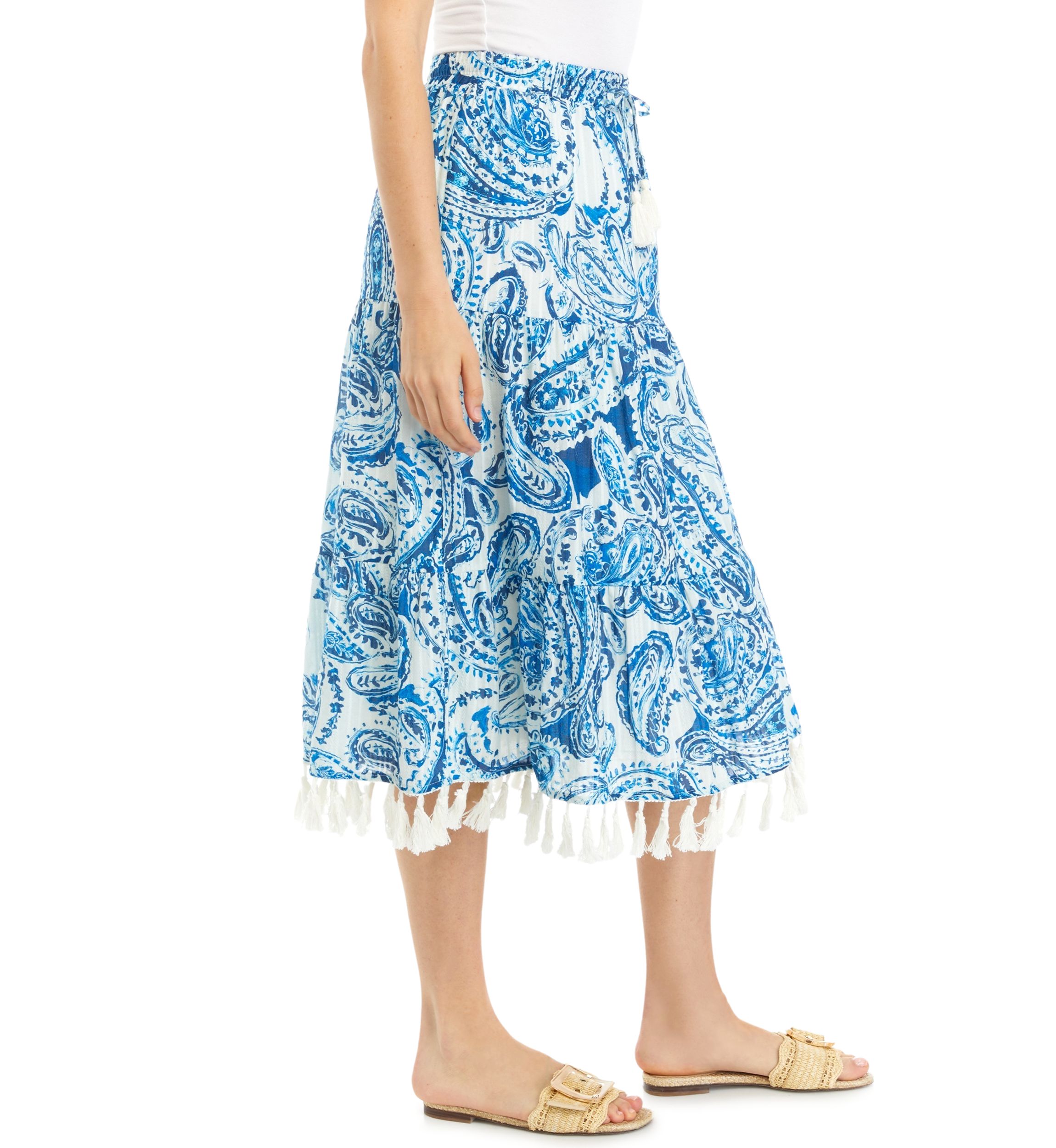 Womens Tiered Midi Skirt with Tassels