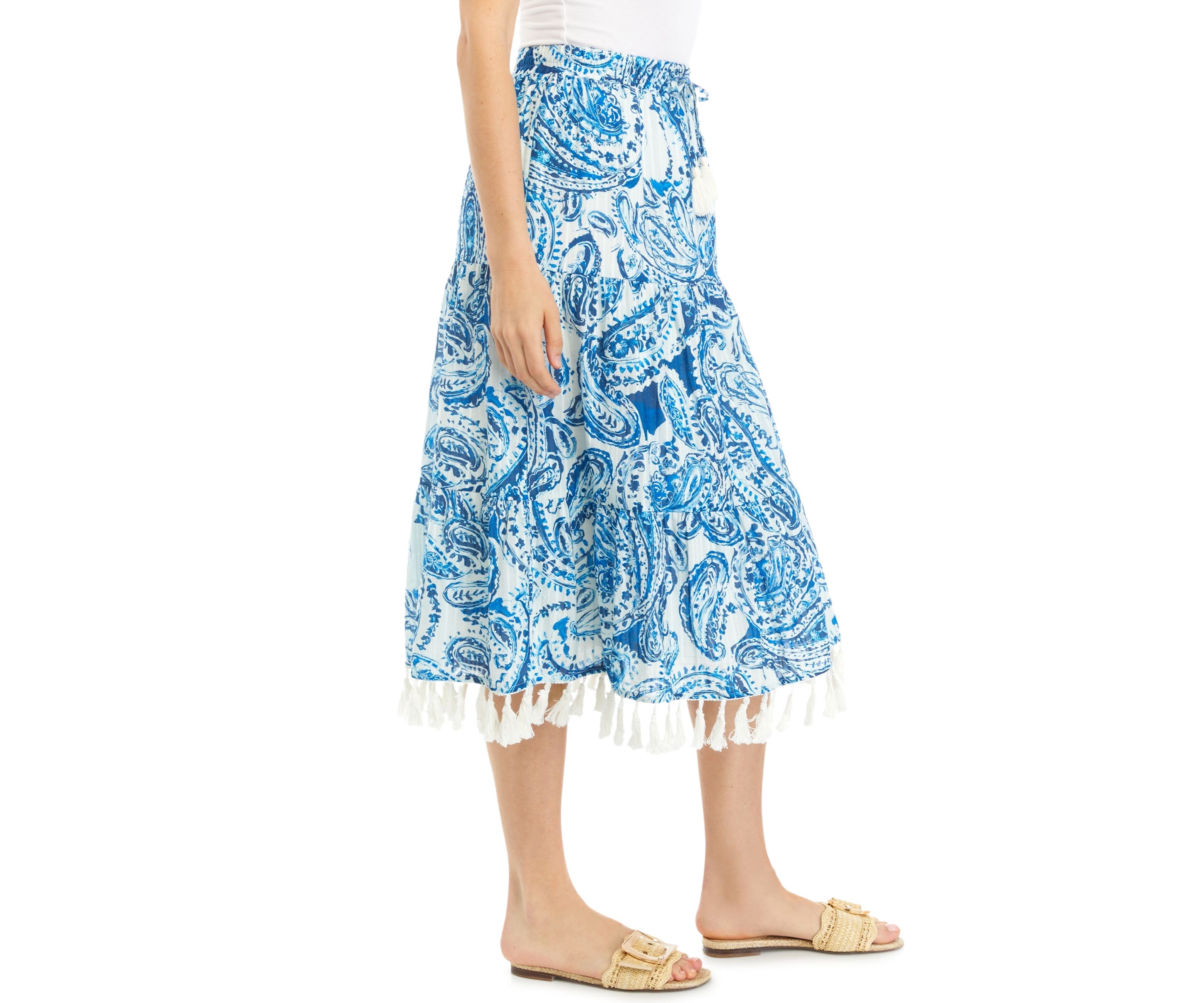 Womens Tiered Midi Skirt with Tassels