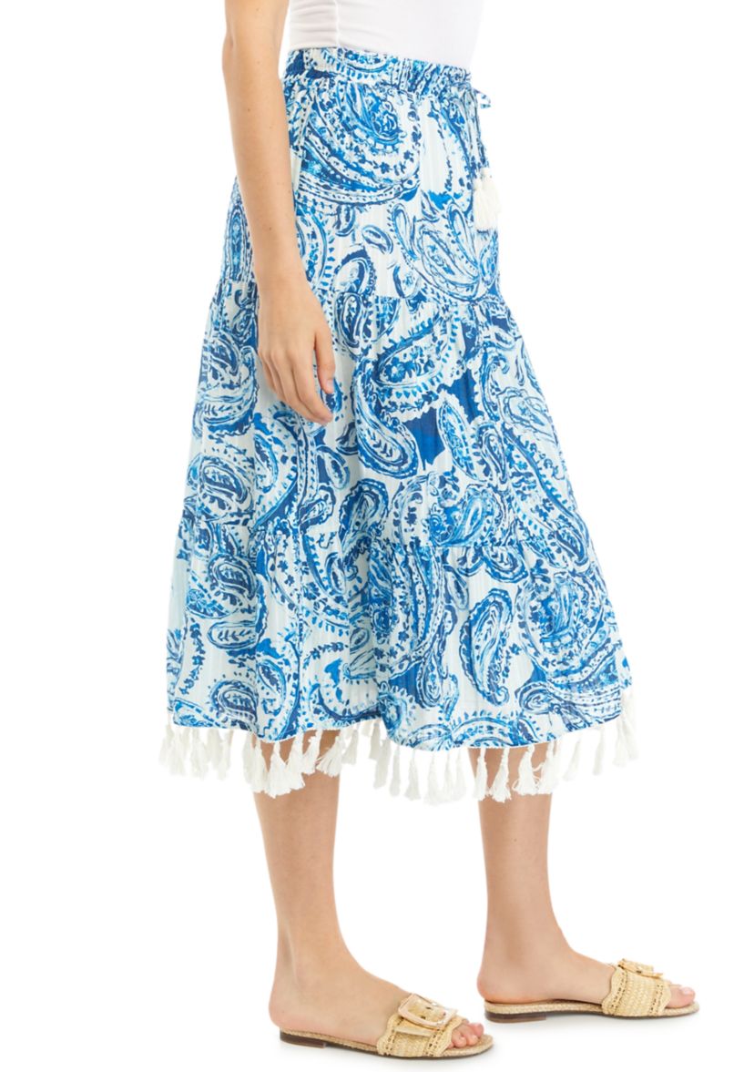 Womens Tiered Midi Skirt with Tassels