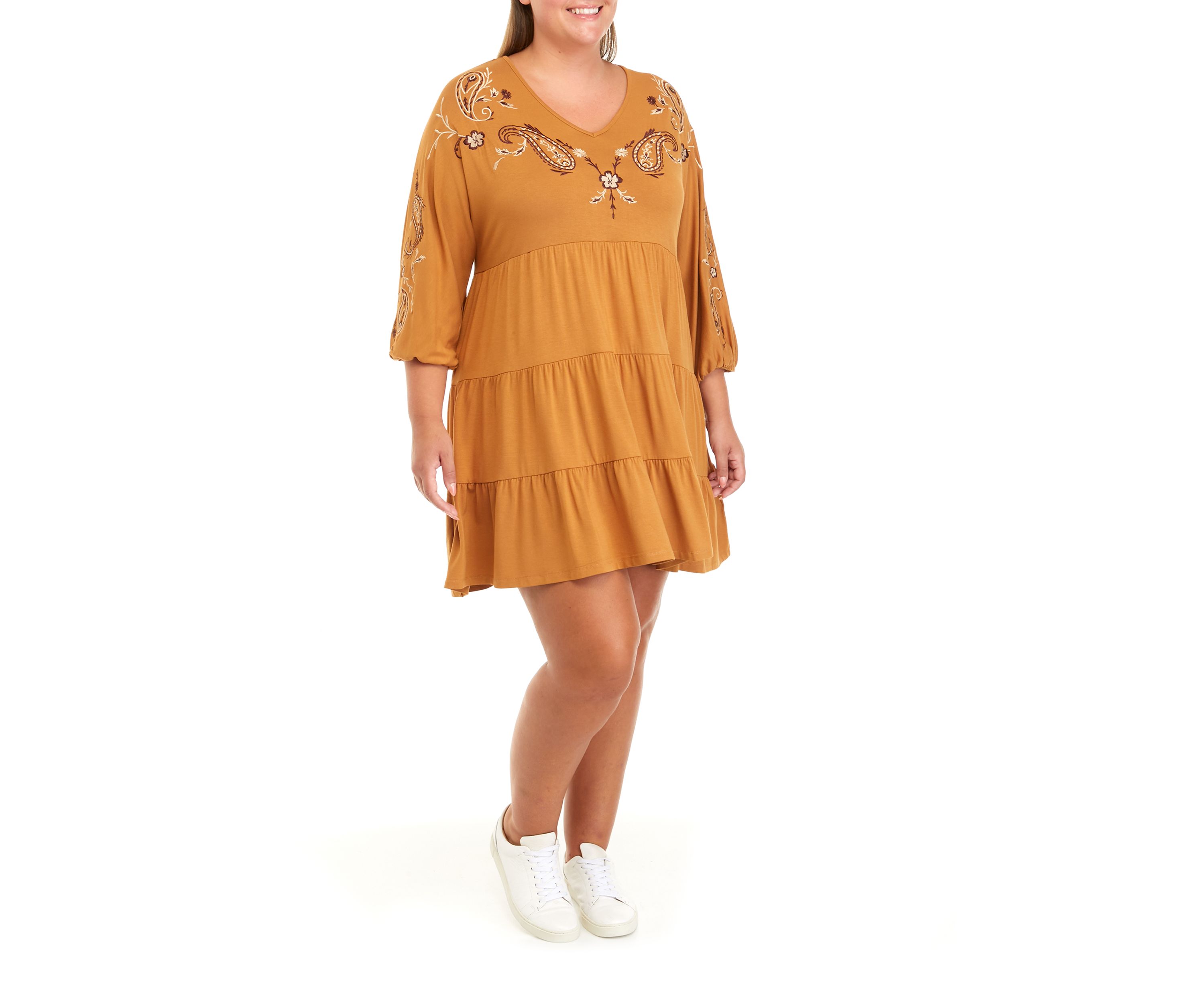 Plus Size 3/4 Sleeve Embroidered Tiered Dress
