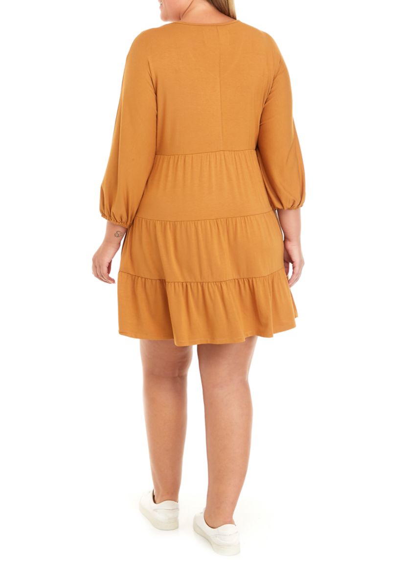 Plus Size 3/4 Sleeve Embroidered Tiered Dress