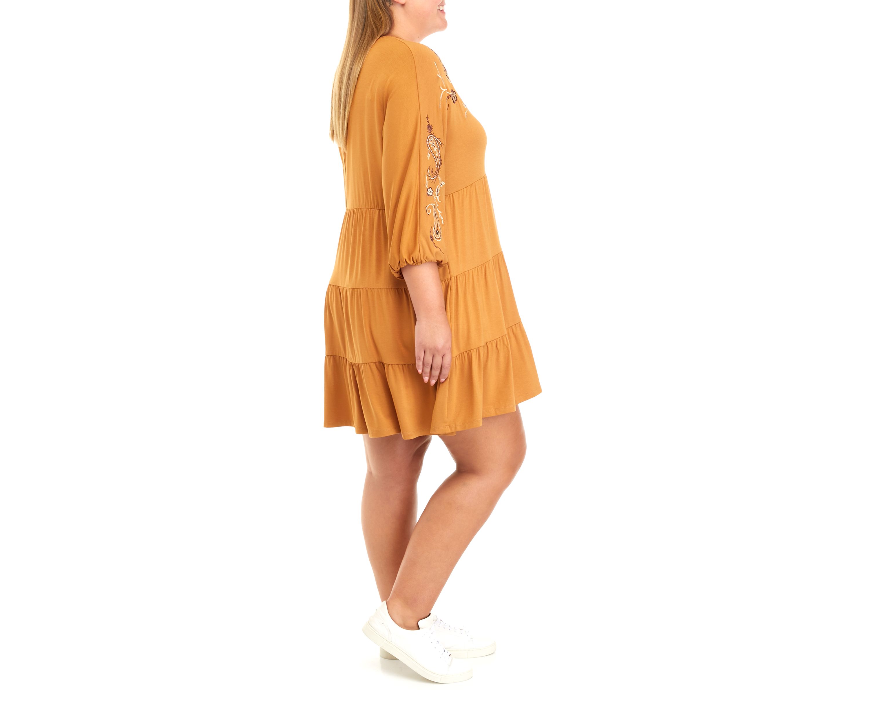 Plus Size 3/4 Sleeve Embroidered Tiered Dress