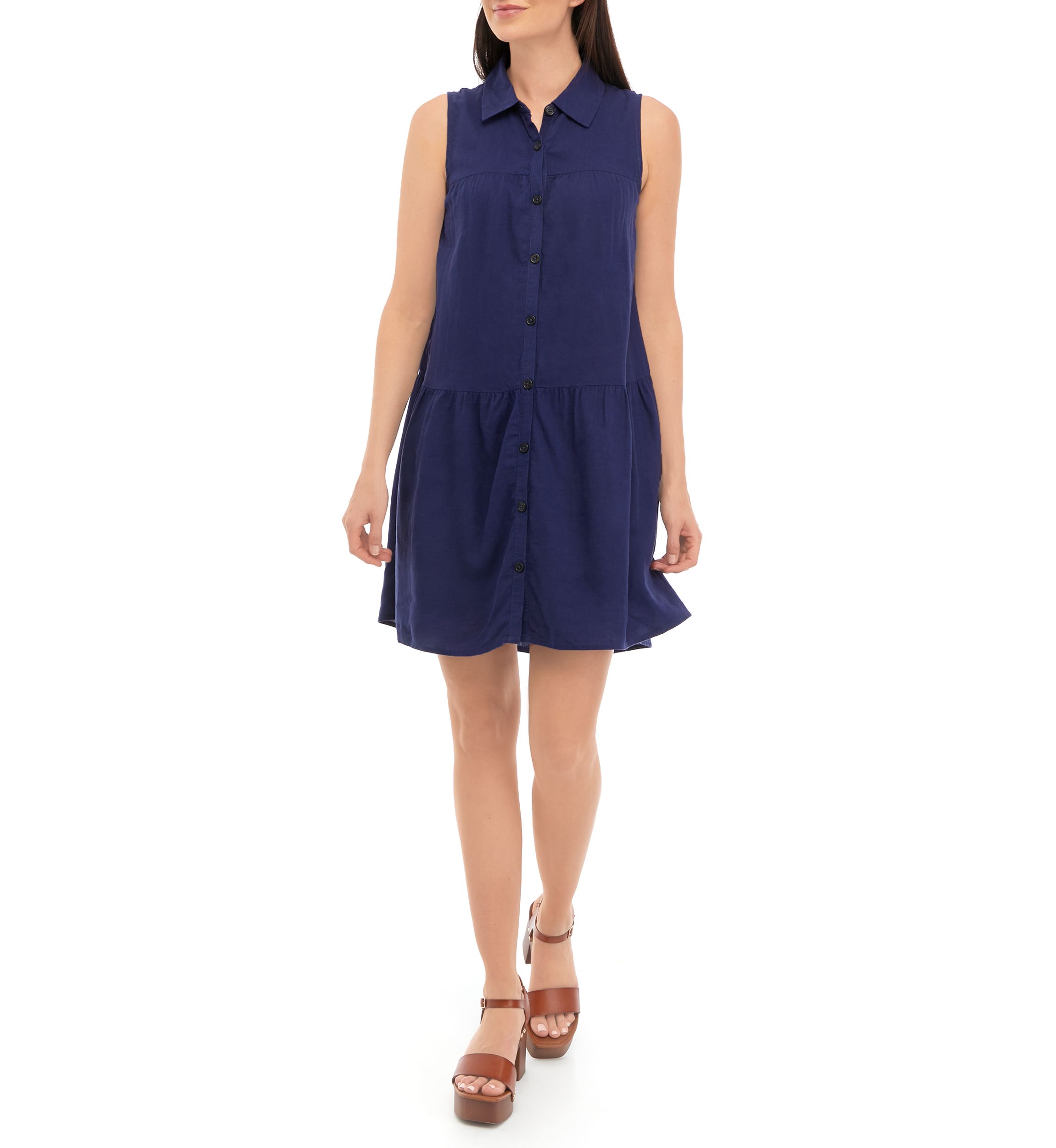 Womens Sleeveless Tiered Shirtdress