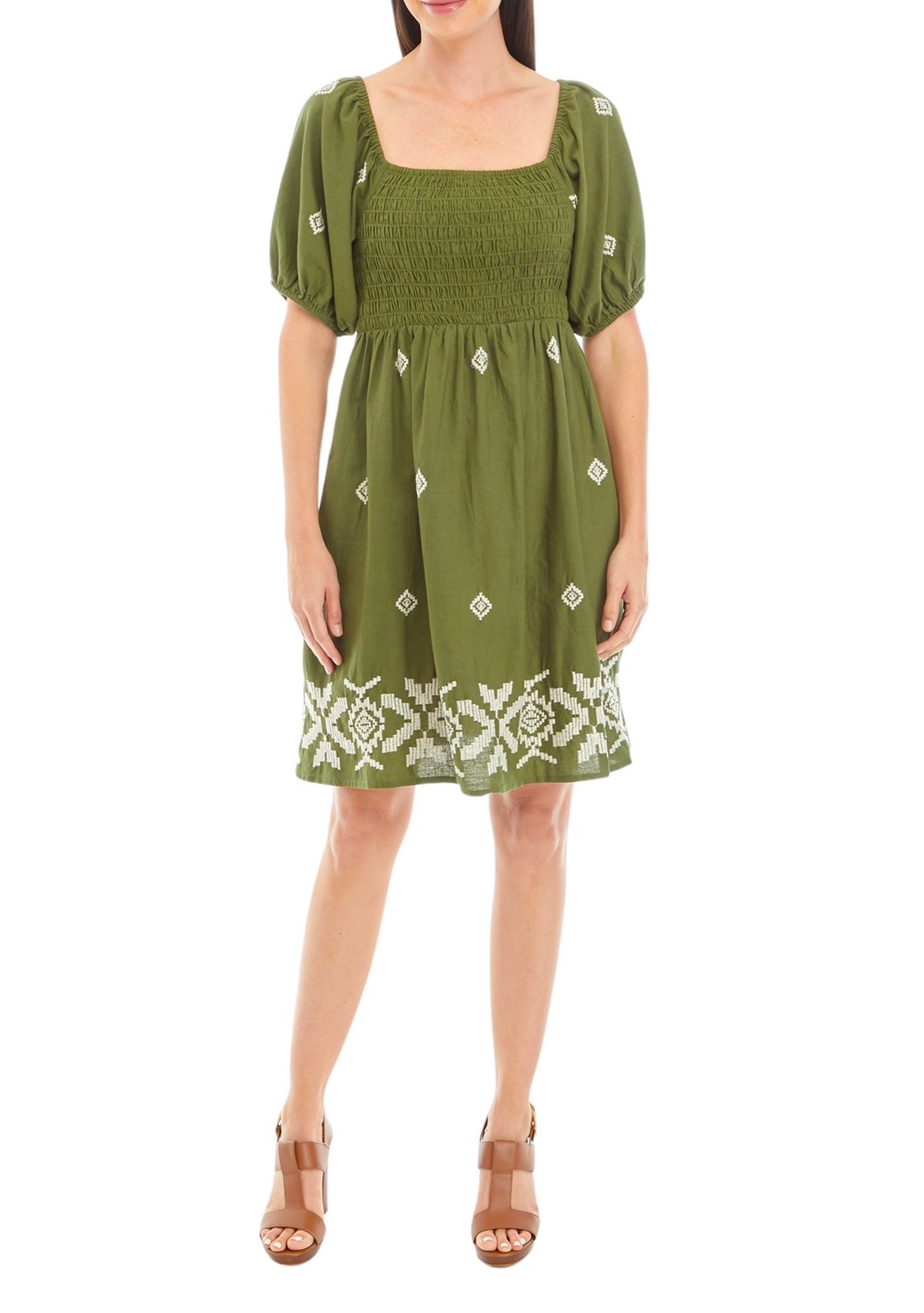 Womens Short Sleeve Smocked Square Neck Embroidered Dress