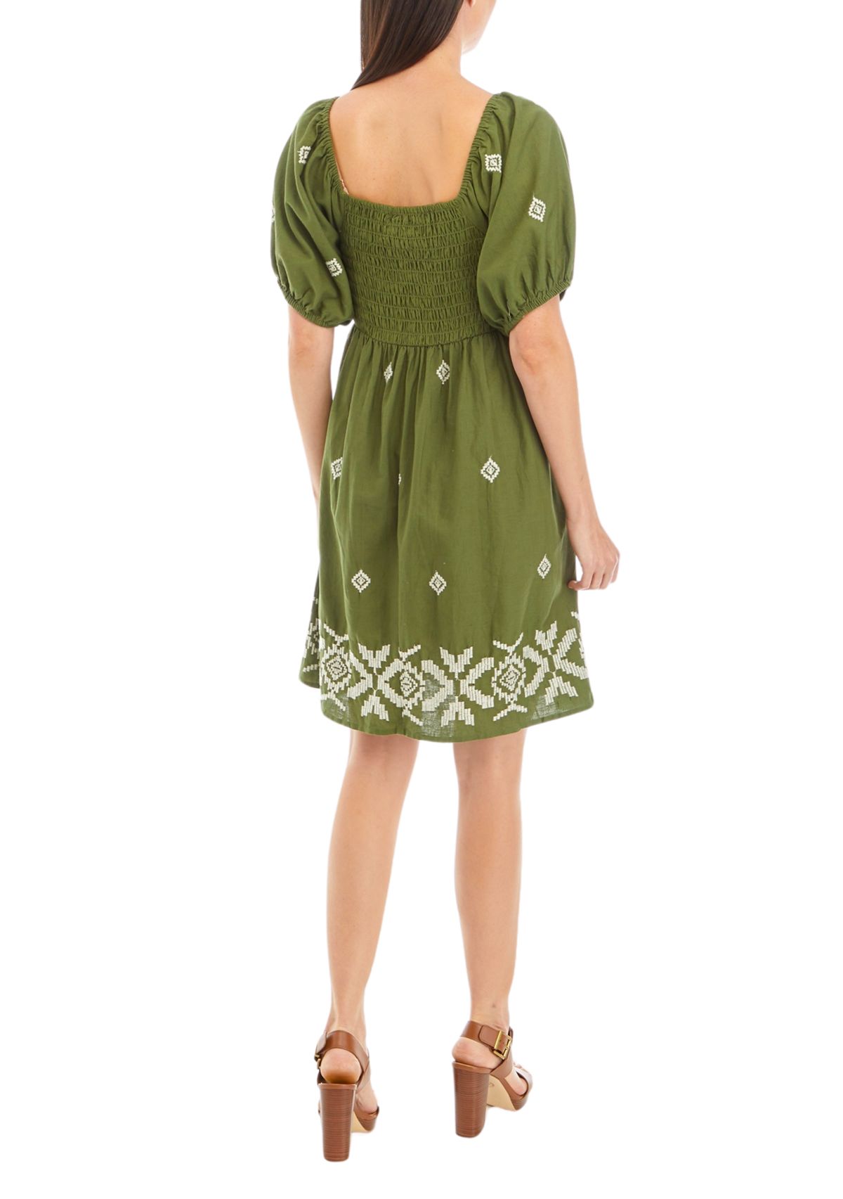 Womens Short Sleeve Smocked Square Neck Embroidered Dress