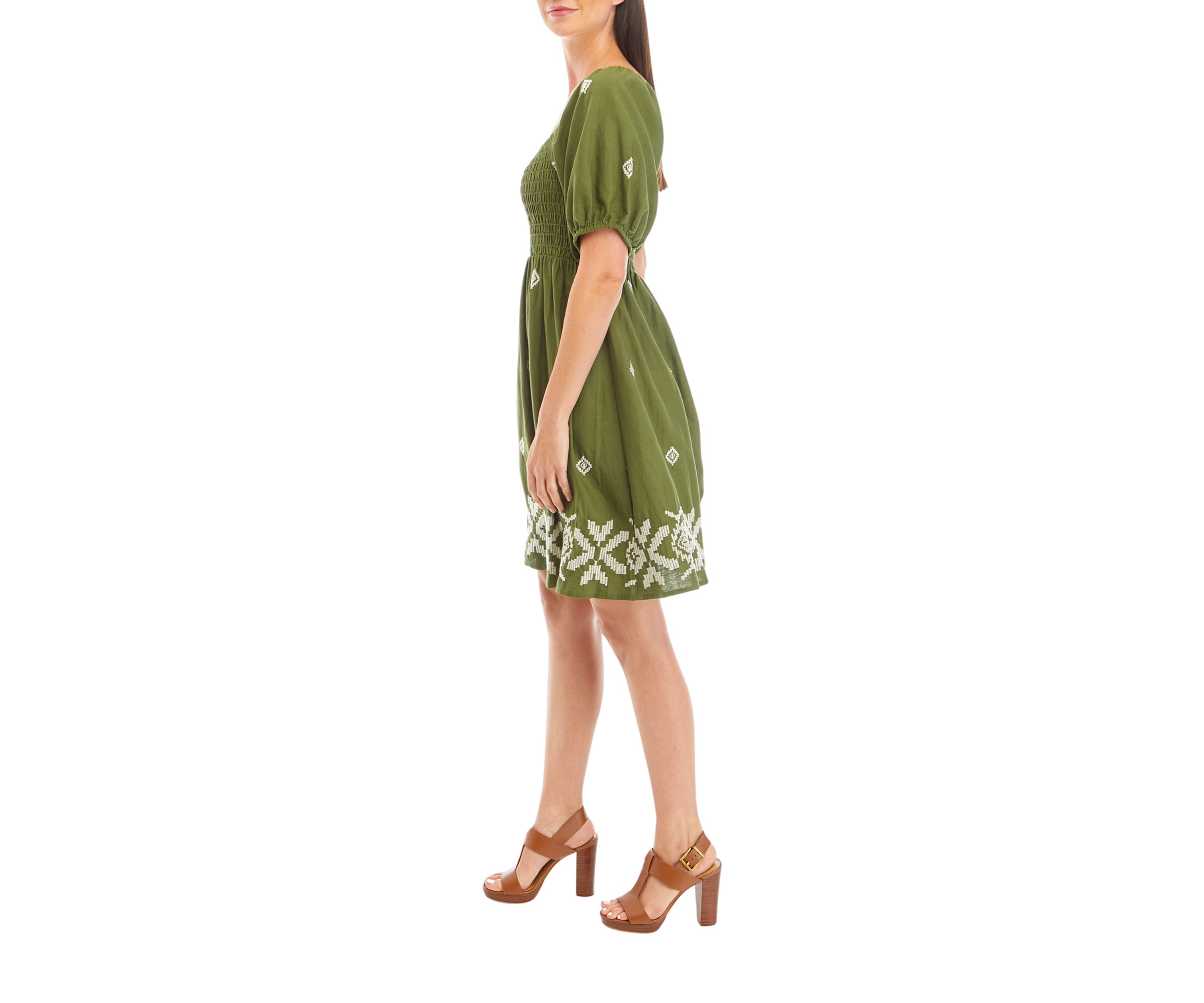 Womens Short Sleeve Smocked Square Neck Embroidered Dress