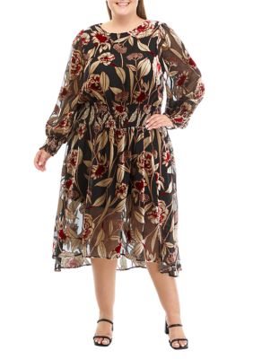 Cupio Women's Plus Size Long Sleeve Smocked Waist Midi Dress, 1X