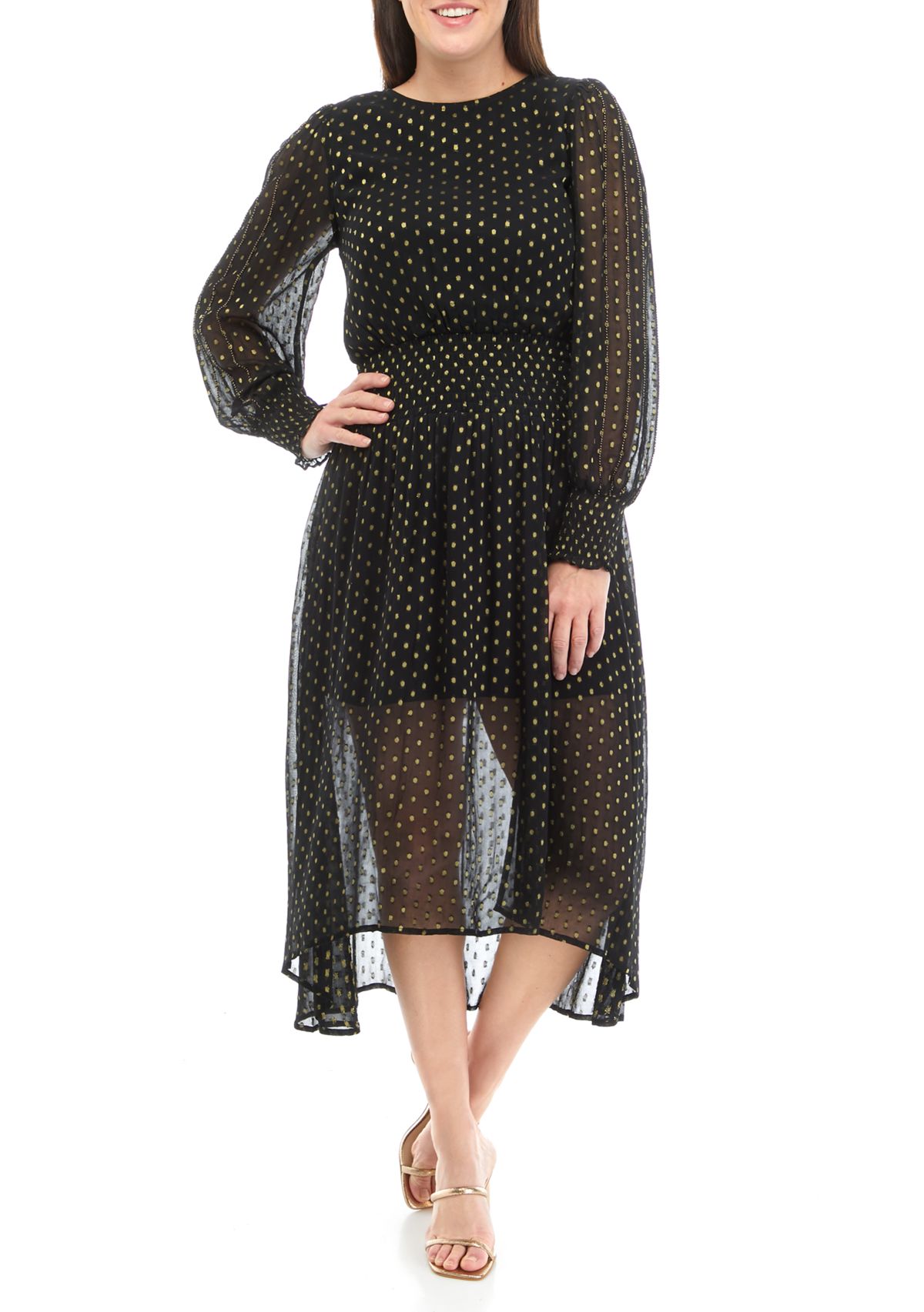 Womens Long Sleeve Metallic Swiss Dot Dress