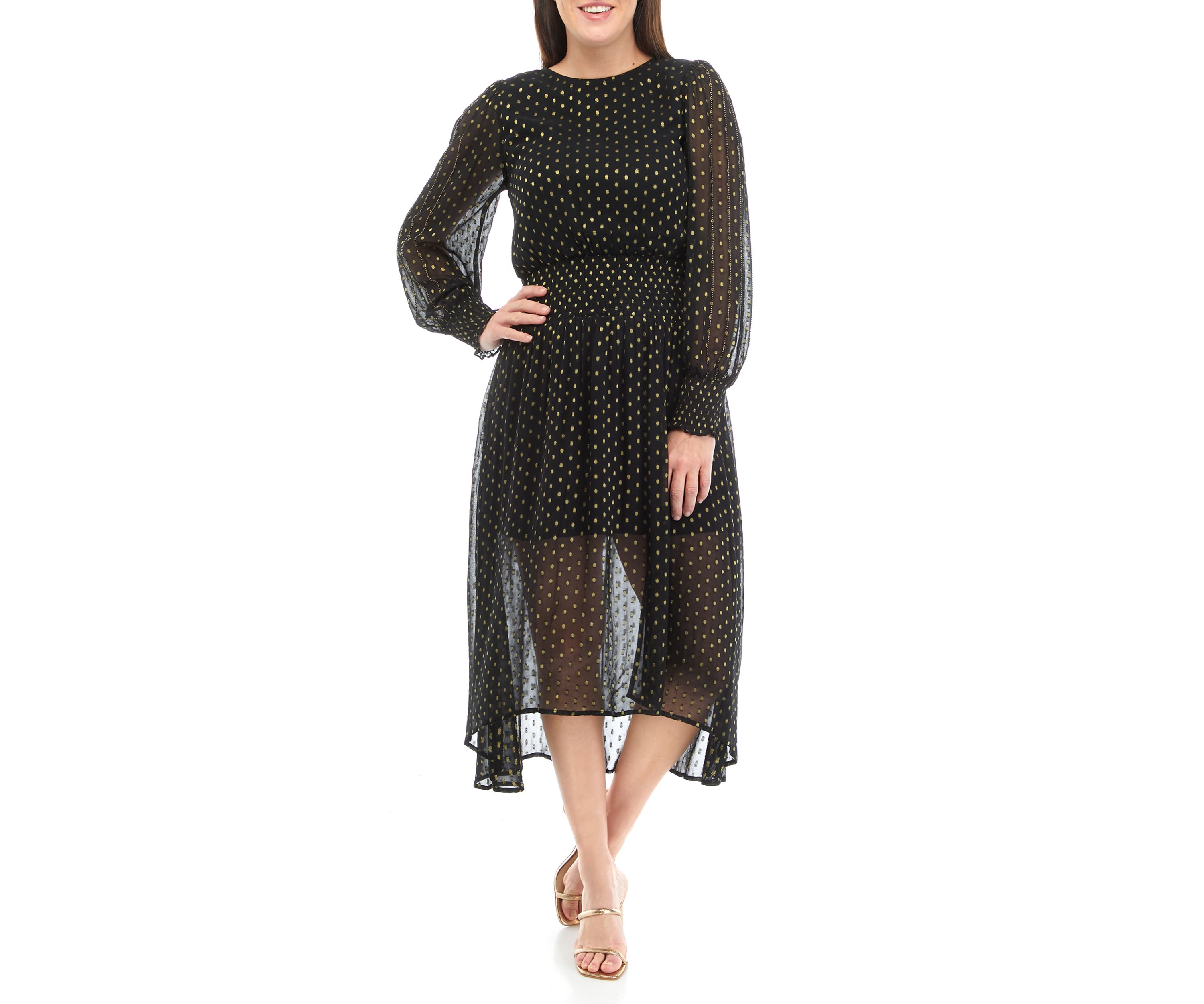 Womens Long Sleeve Metallic Swiss Dot Dress