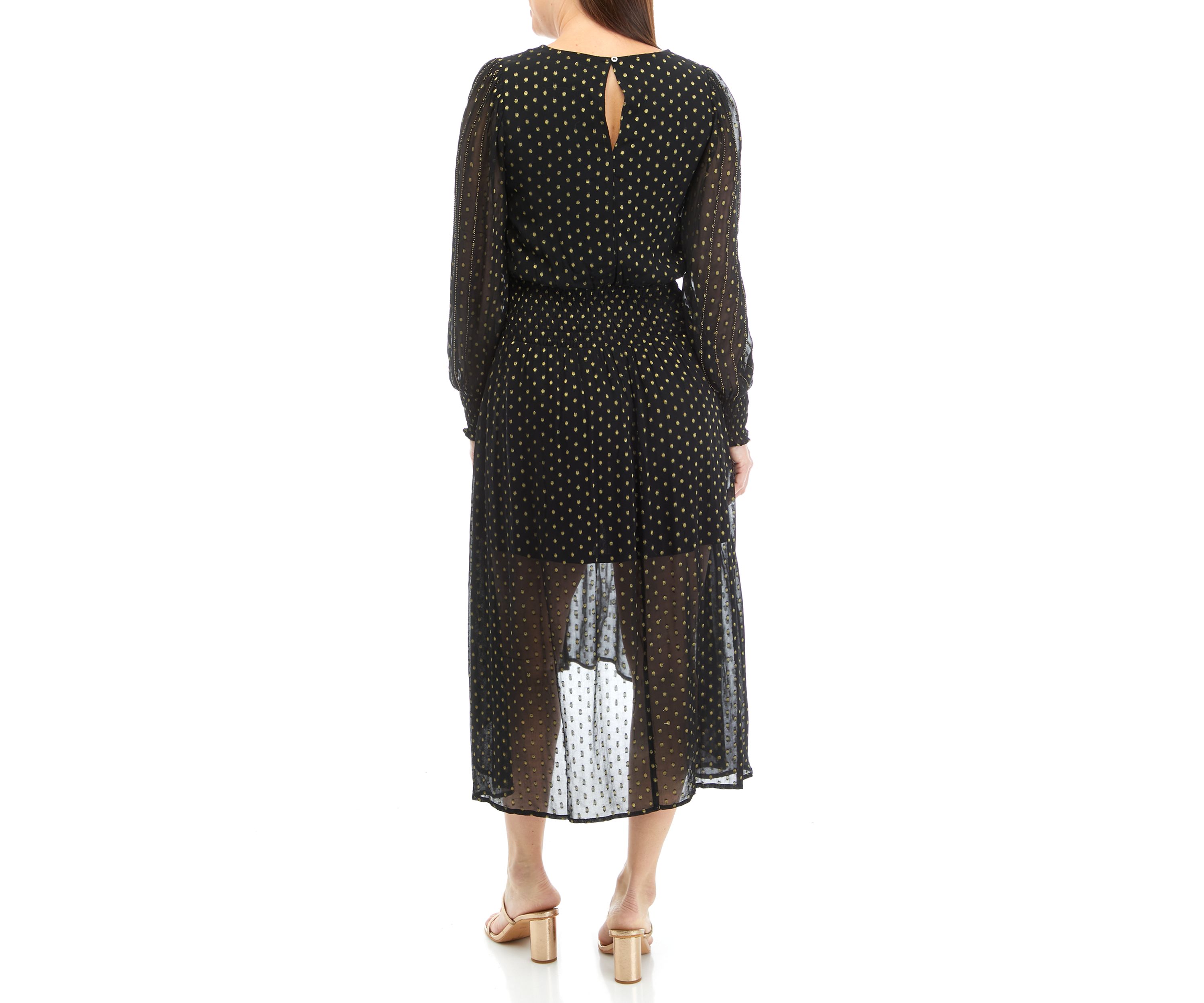 Womens Long Sleeve Metallic Swiss Dot Dress