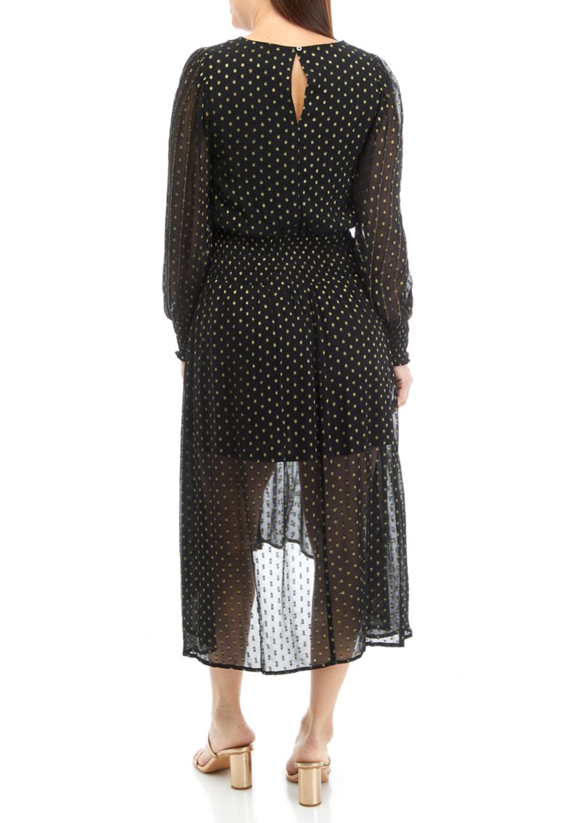 Womens Long Sleeve Metallic Swiss Dot Dress