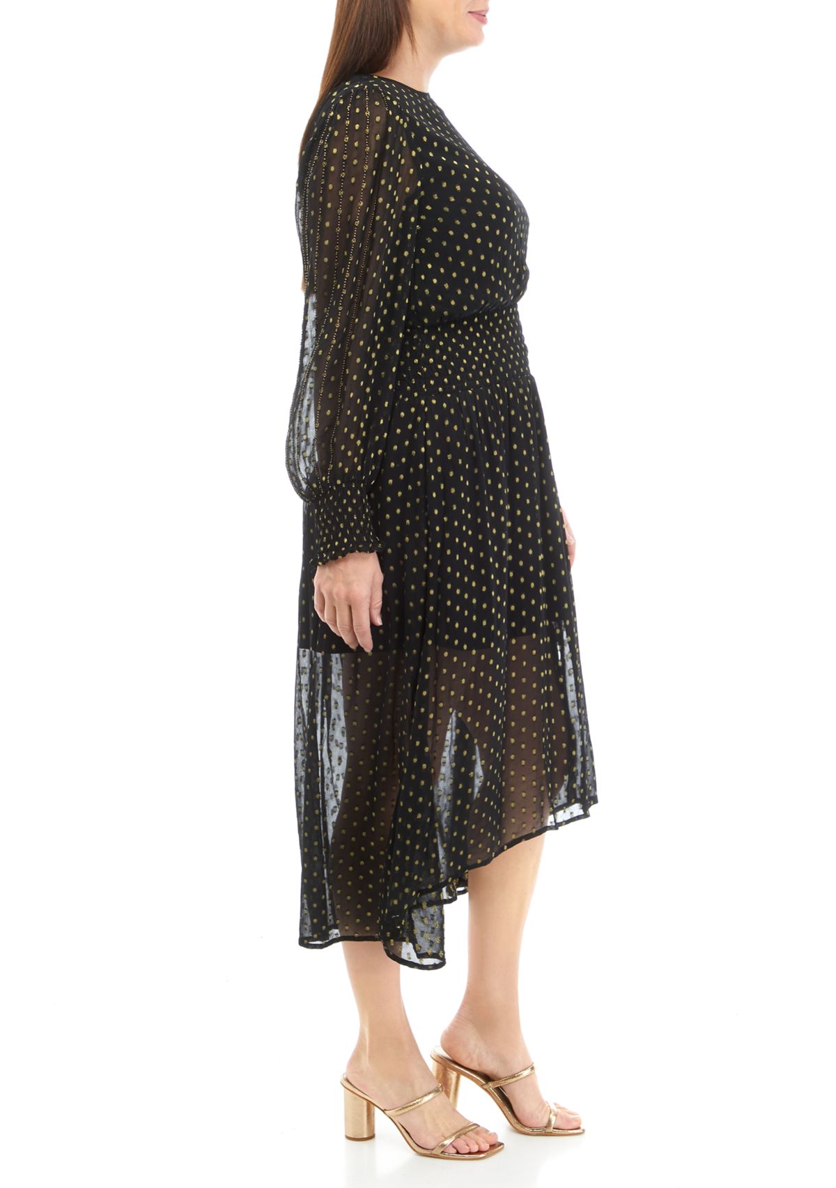 Womens Long Sleeve Metallic Swiss Dot Dress