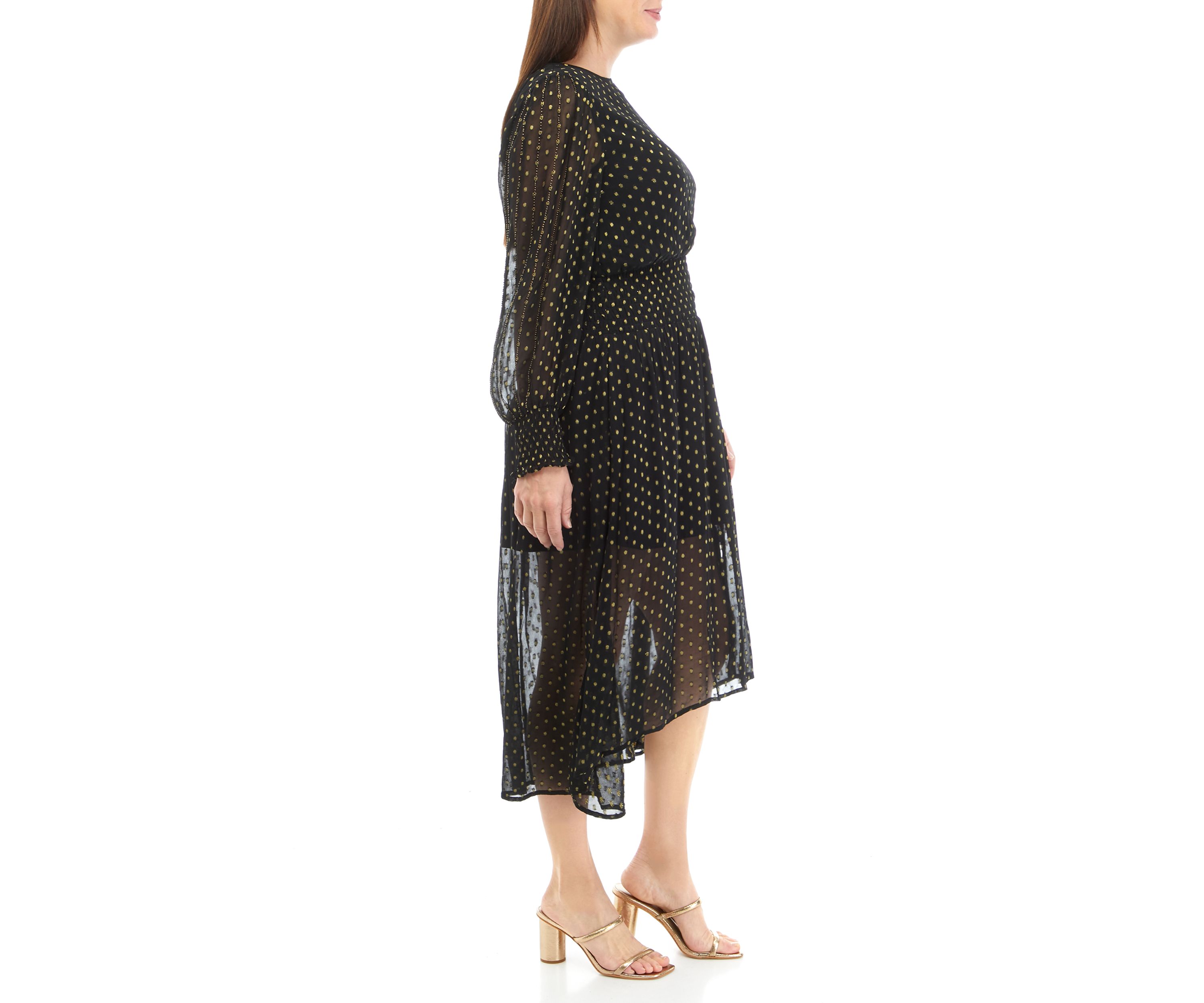 Womens Long Sleeve Metallic Swiss Dot Dress
