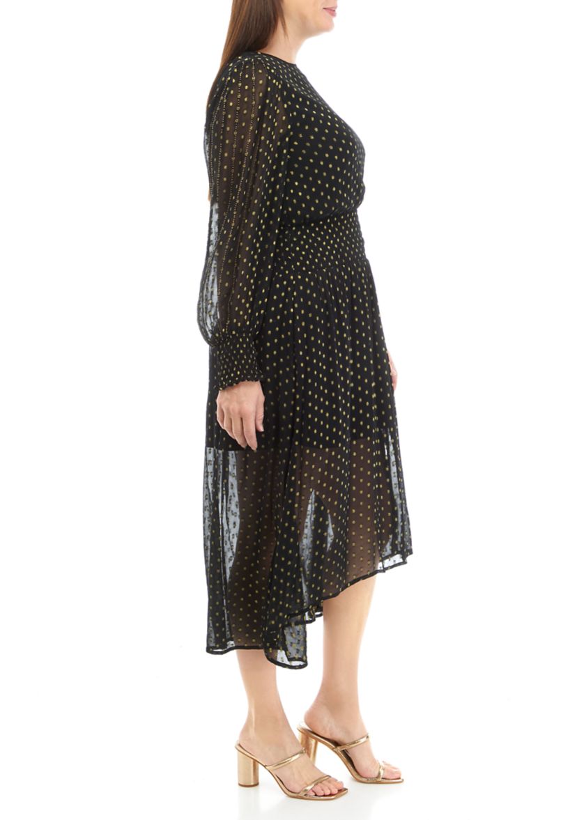 Womens Long Sleeve Metallic Swiss Dot Dress