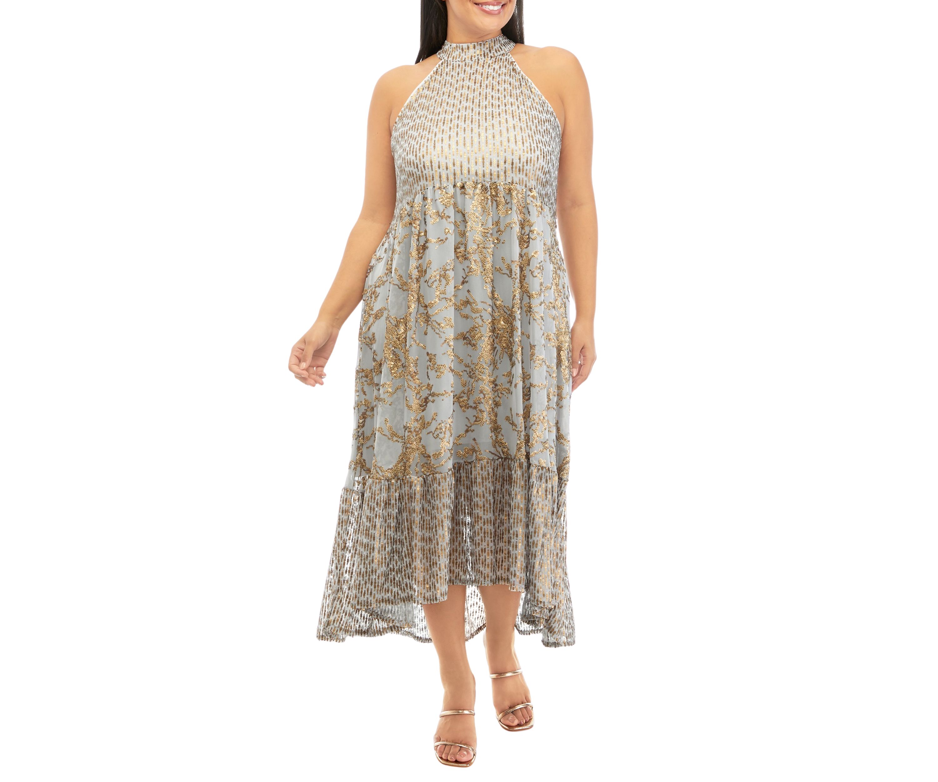 Plus Size Sleeveless Mesh Sequin Midi Dress