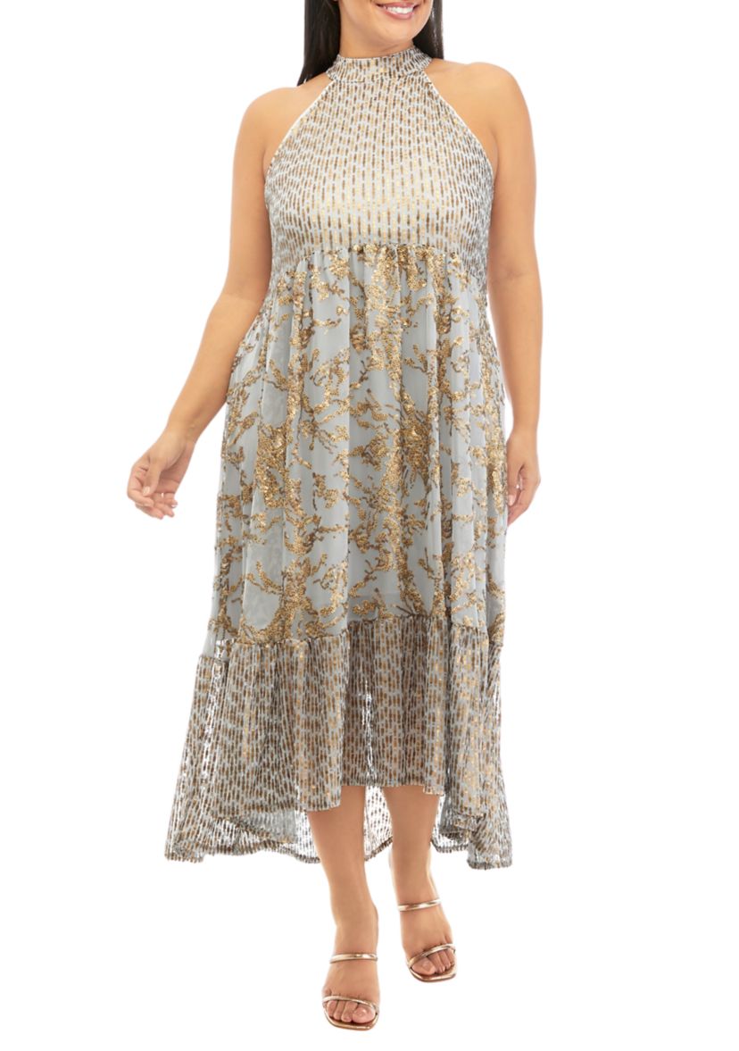 Plus Size Sleeveless Mesh Sequin Midi Dress