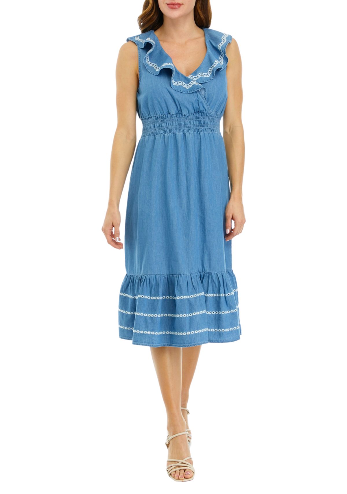 Womens Sleeveless Ruffle Chambray Dress