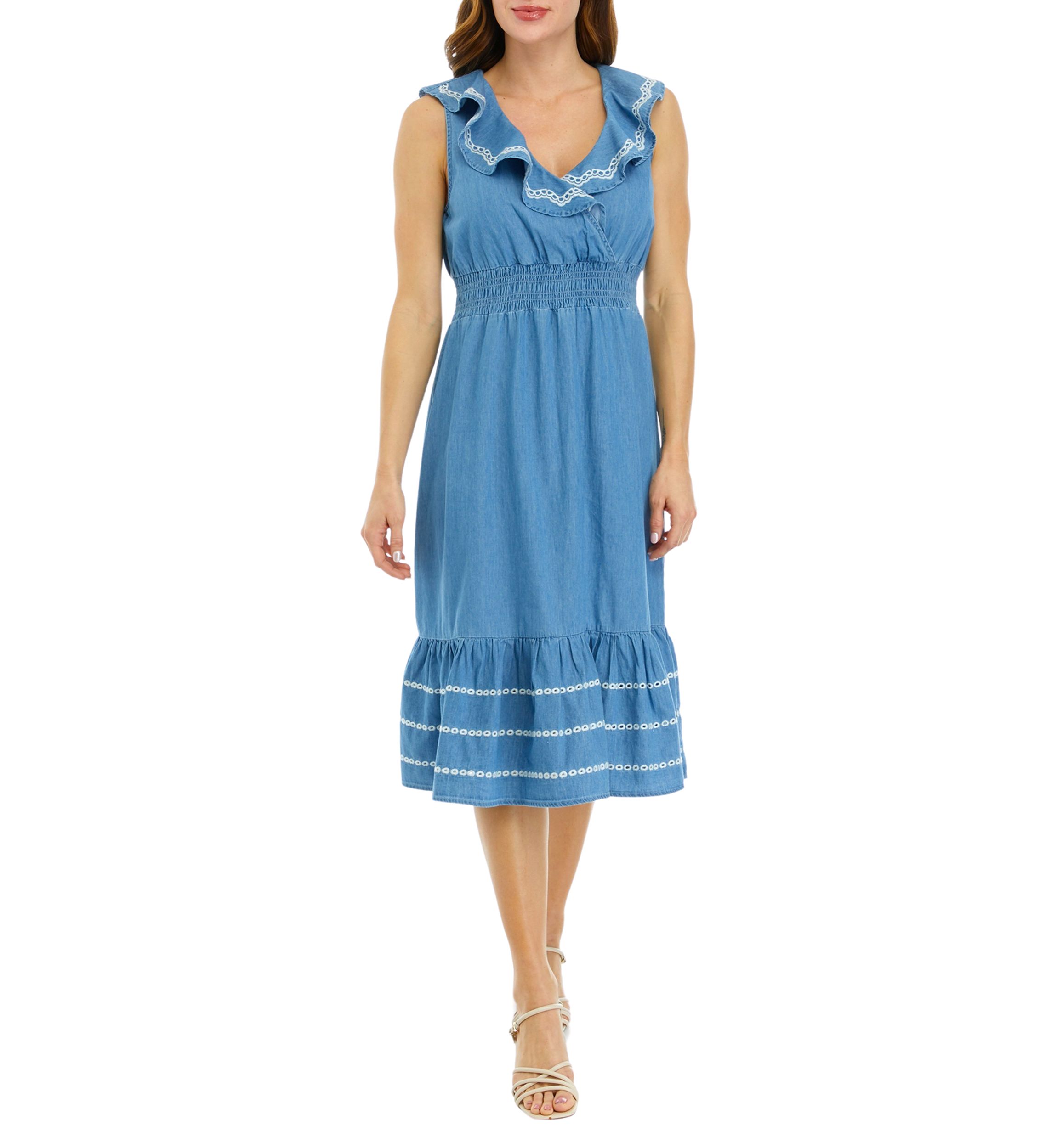 Womens Sleeveless Ruffle Chambray Dress