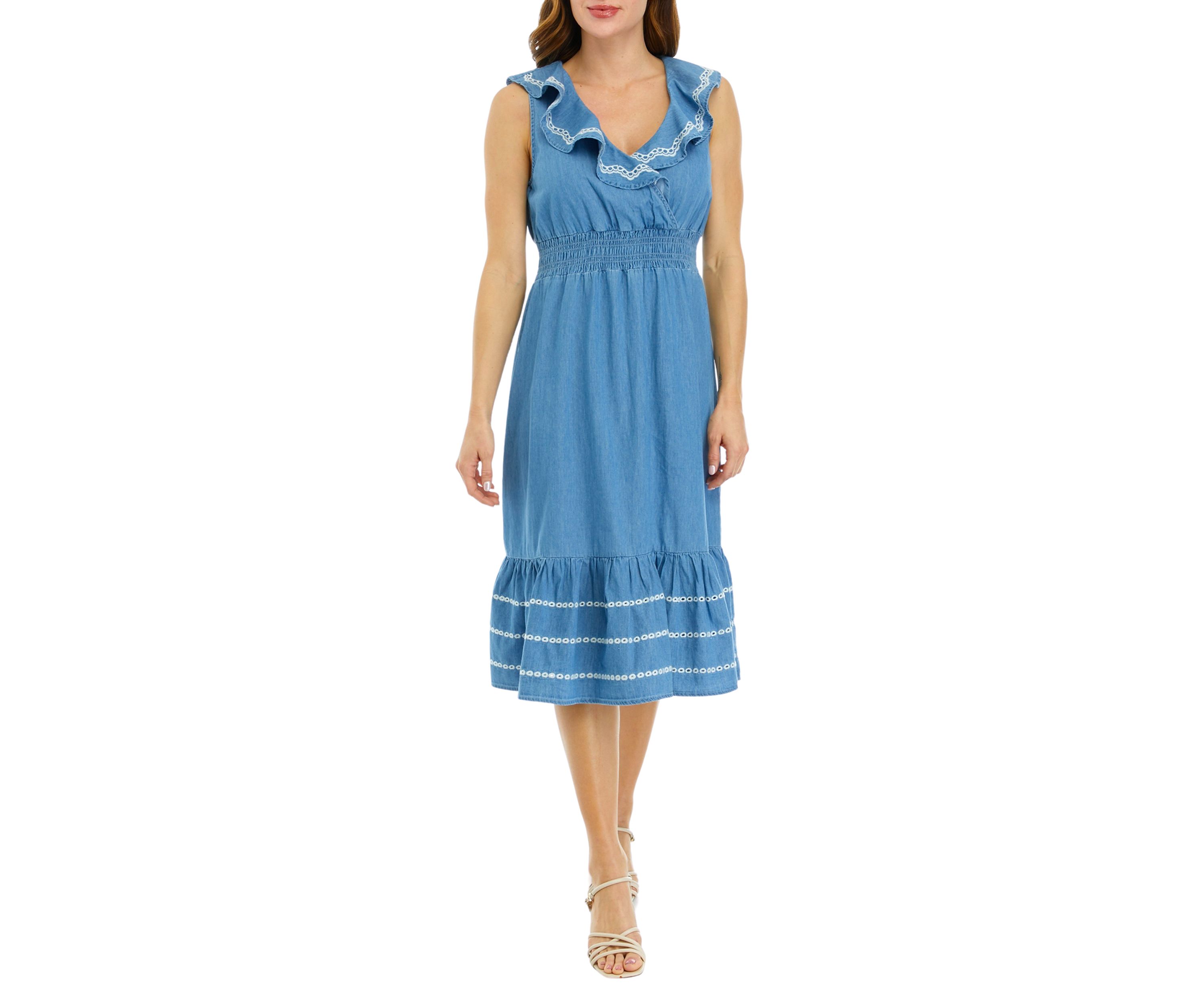 Womens Sleeveless Ruffle Chambray Dress