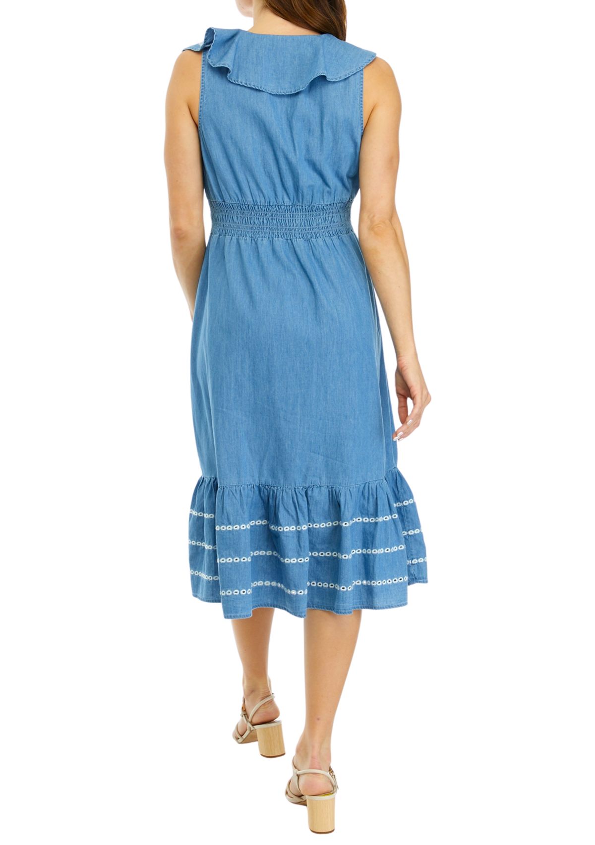 Womens Sleeveless Ruffle Chambray Dress