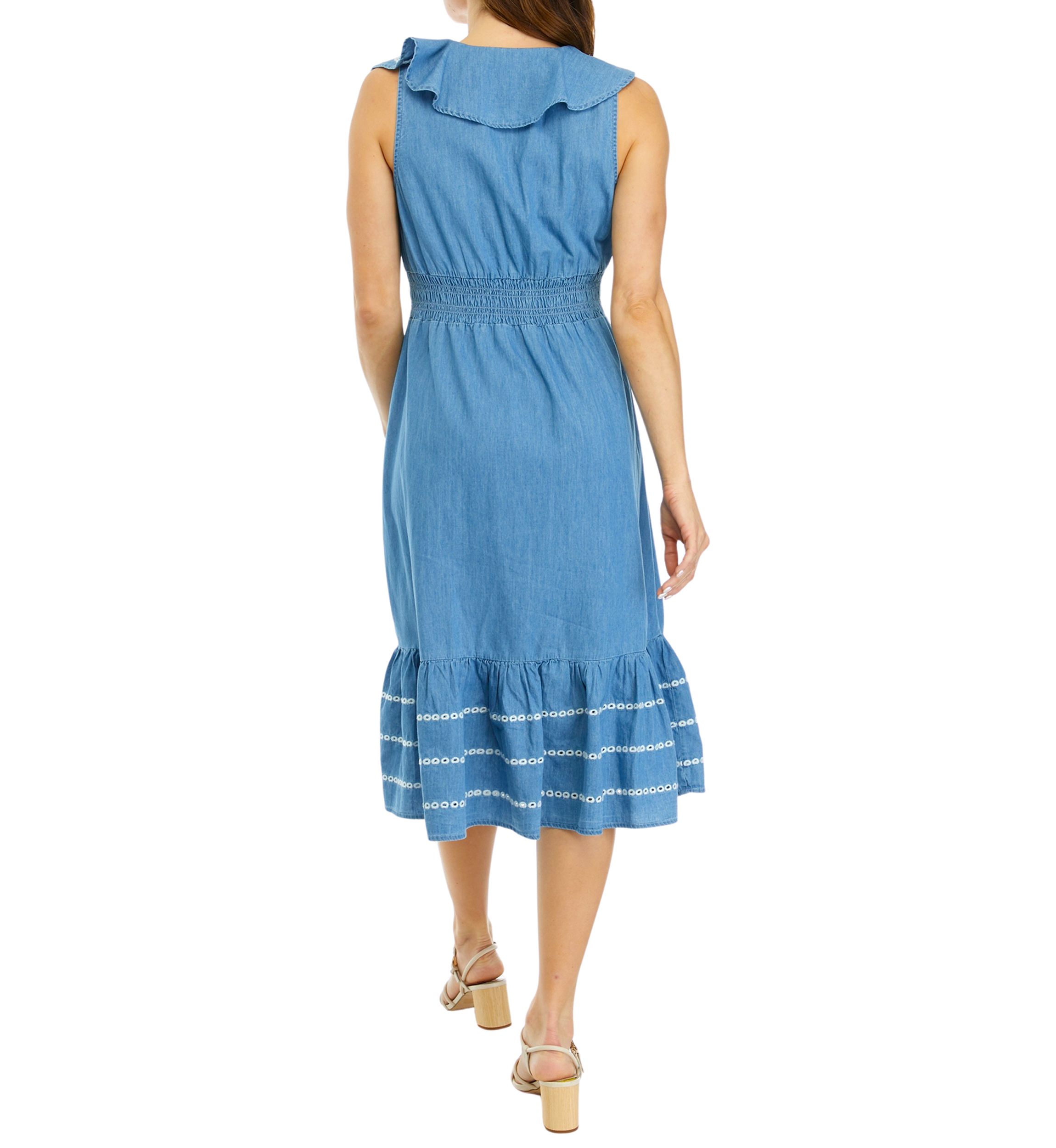 Womens Sleeveless Ruffle Chambray Dress