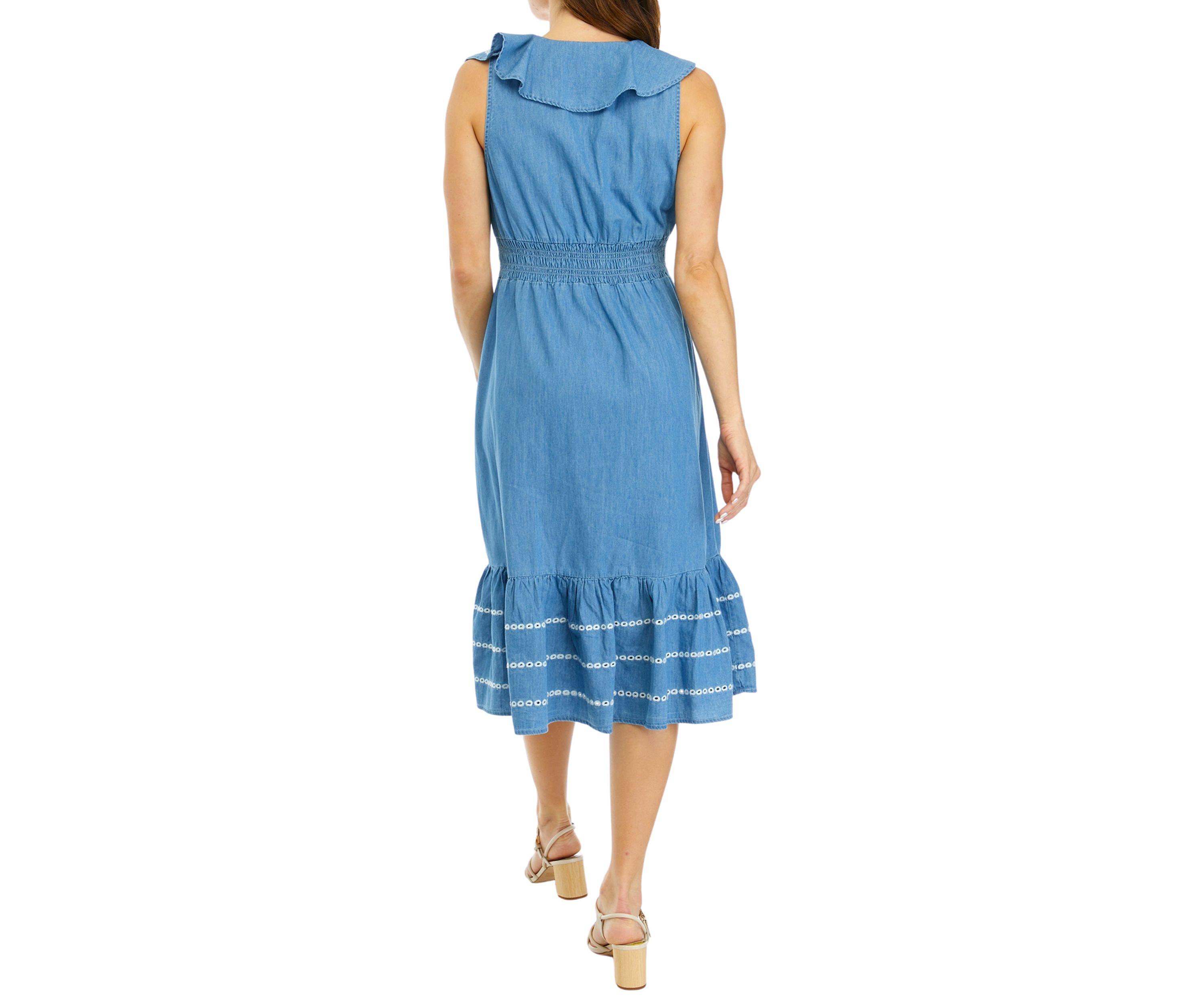 Womens Sleeveless Ruffle Chambray Dress