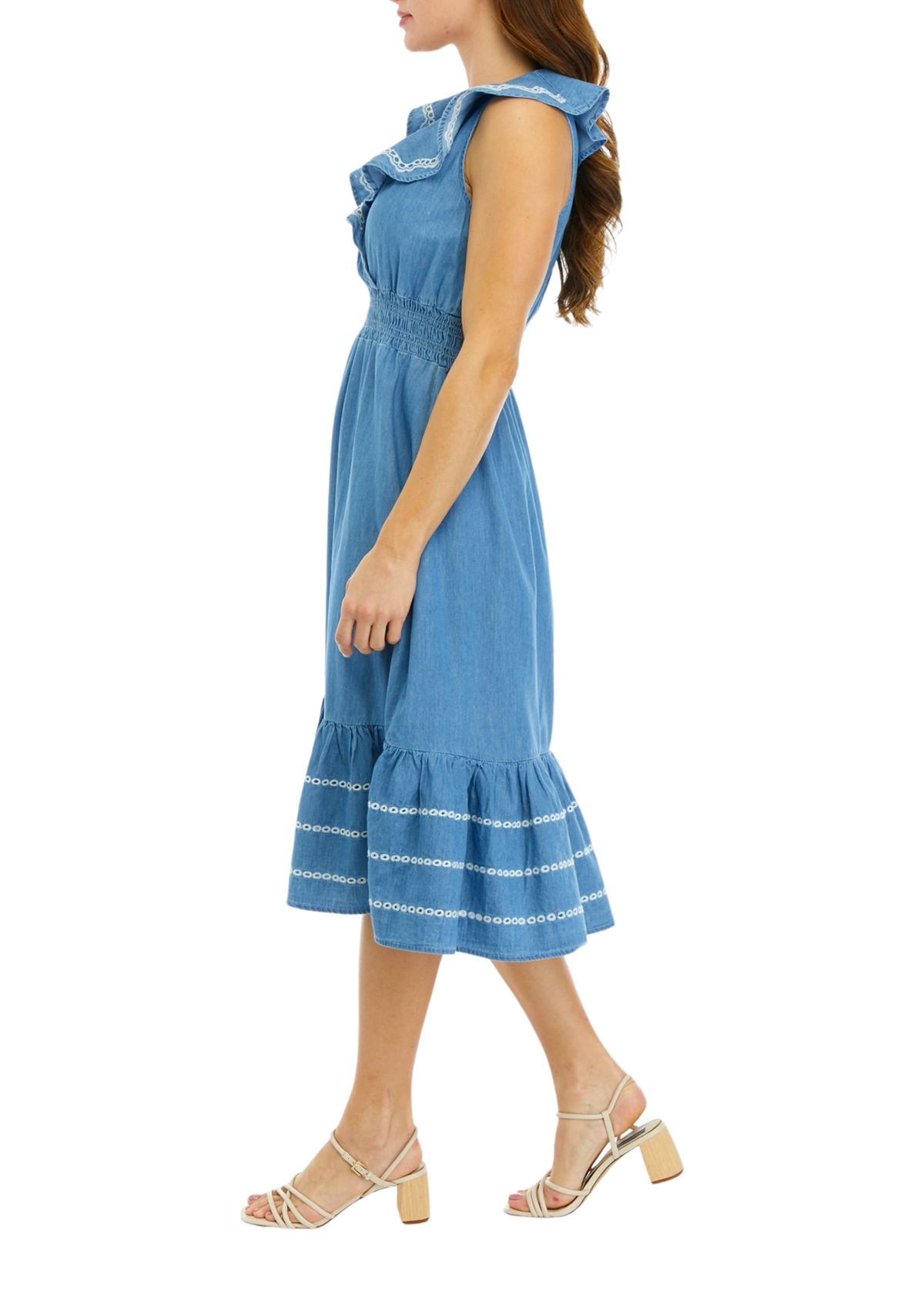Womens Sleeveless Ruffle Chambray Dress