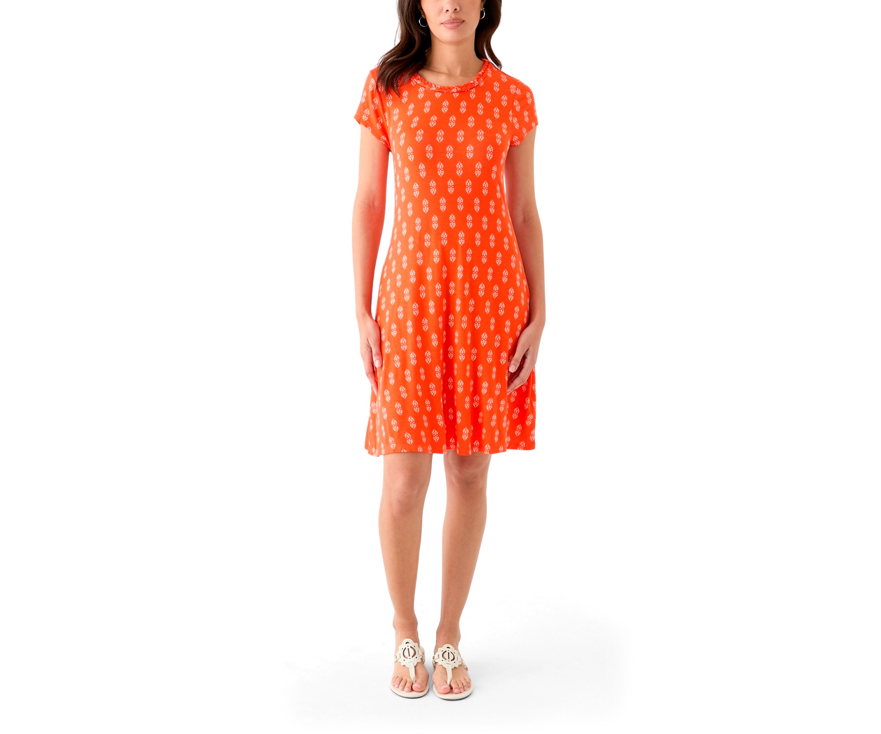 Womens Short Sleeve Swing Dress with Braided Trim at Neckline 
