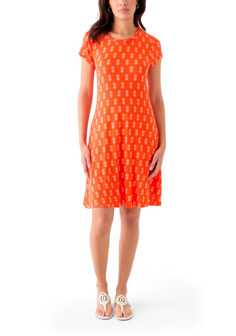 Womens Short Sleeve Swing Dress with Braided Trim at Neckline 