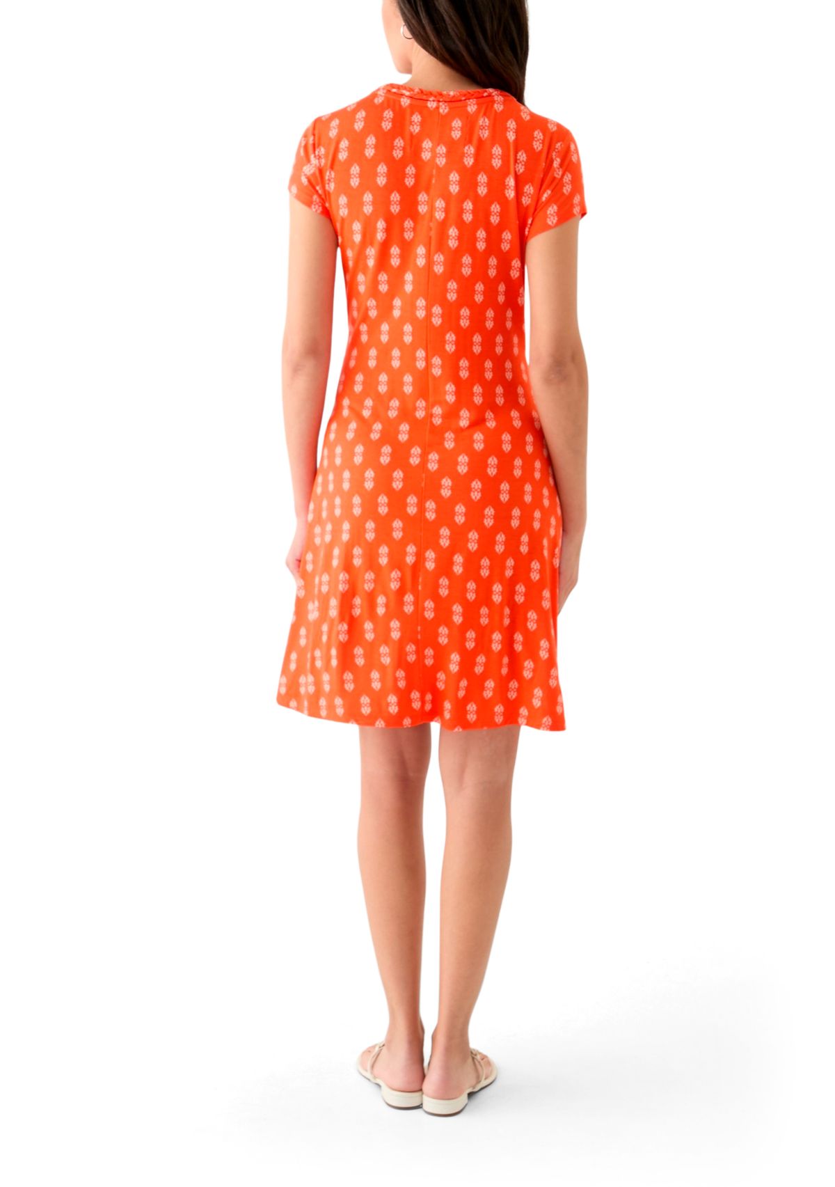 Womens Short Sleeve Swing Dress with Braided Trim at Neckline 